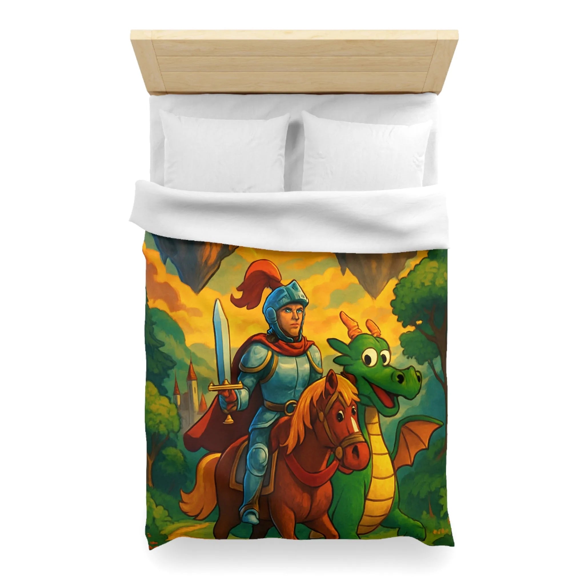 Housse de couette médiévale colorée avec chevalier, dragon et châteaux flottants fantastiques