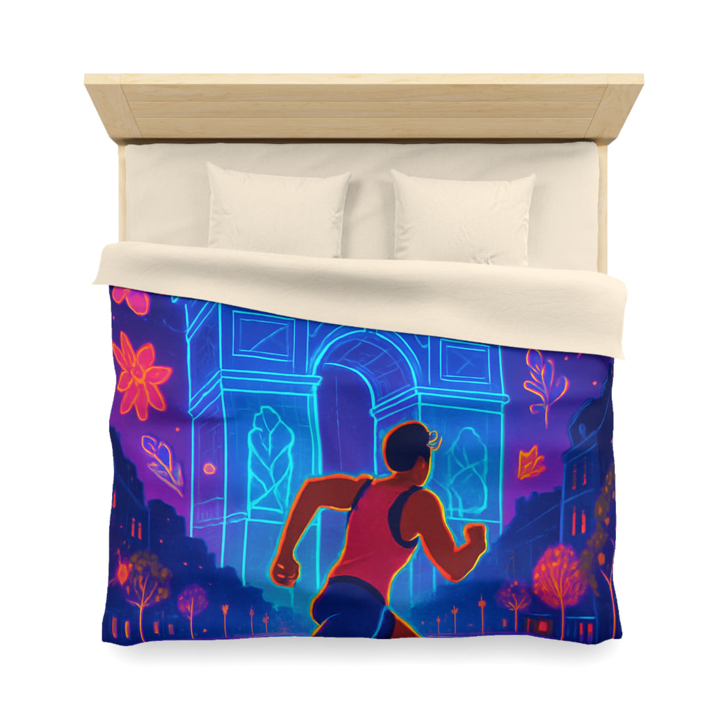 Housse de Couette Vibrante : Coureur Devant Monuments et Fleurs Scintillantes de Paris