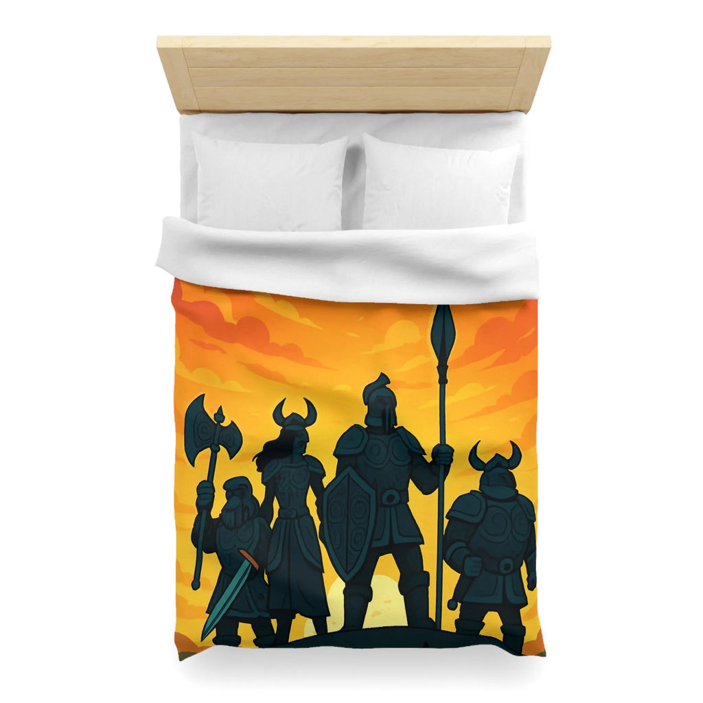 Housse de couette épique avec guerriers sous ciel flamboyant pour décoration médiévale