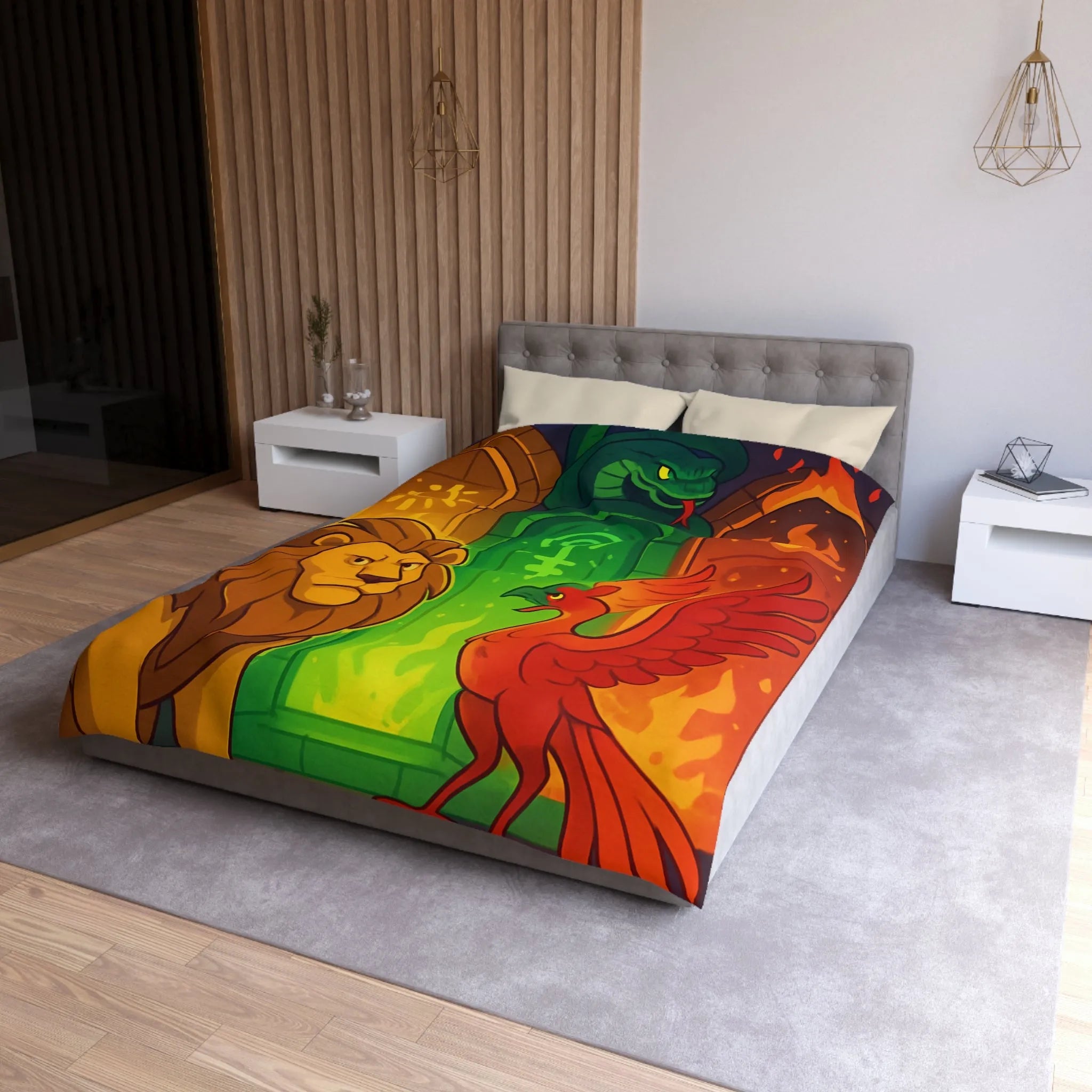 Housse de couette avec motifs lion, serpent et phénix sur fond médiéval magique