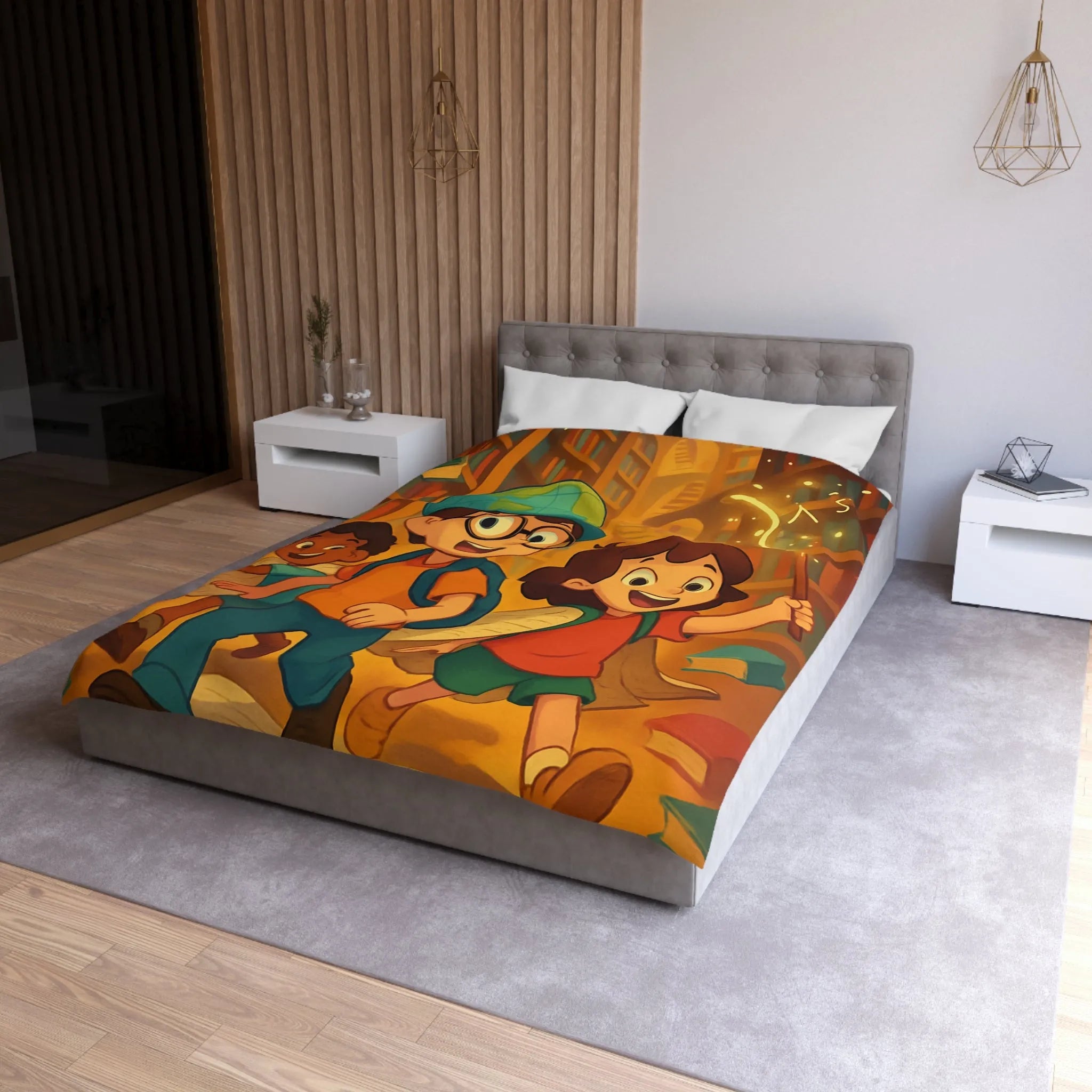 Housse de couette magique avec enfants explorant une bibliothèque enchantée et livres volants