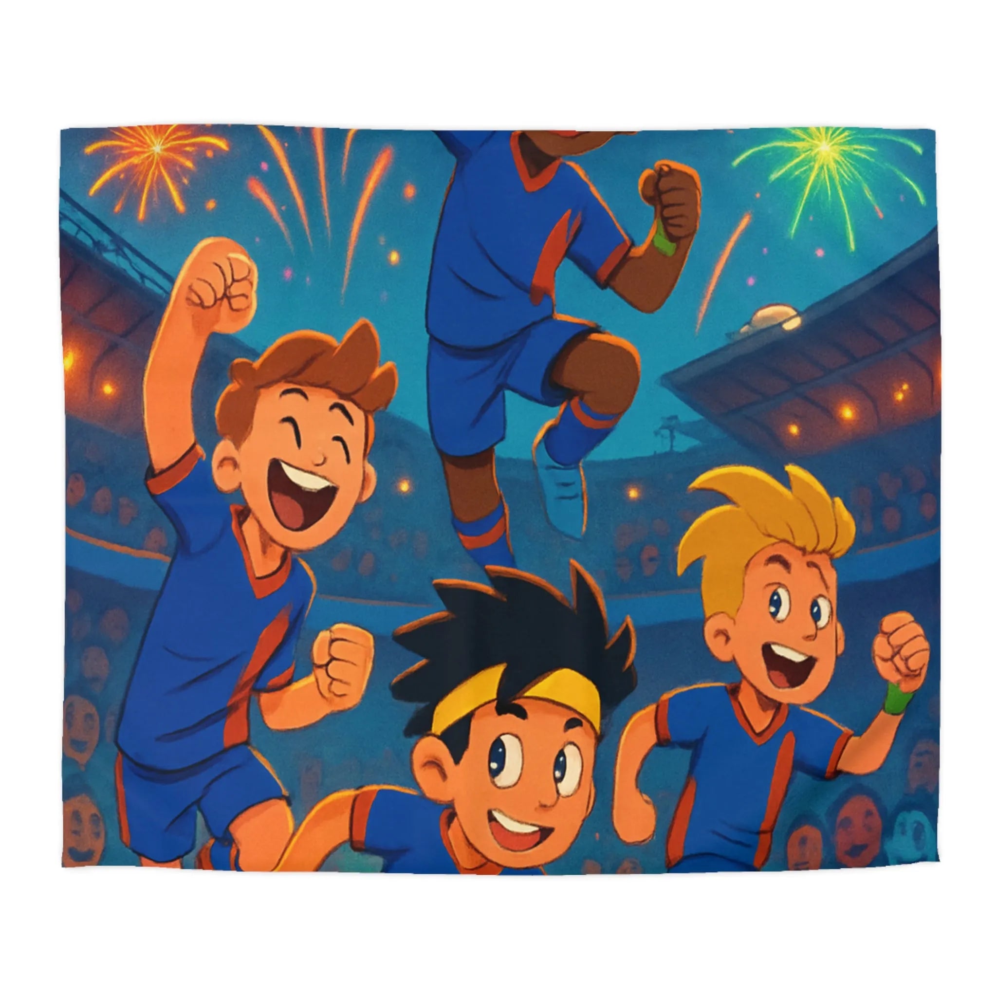 Enfants Jouant au Football avec Feux d'Artifice au Stade, Ambiance Joyeuse et Colorée