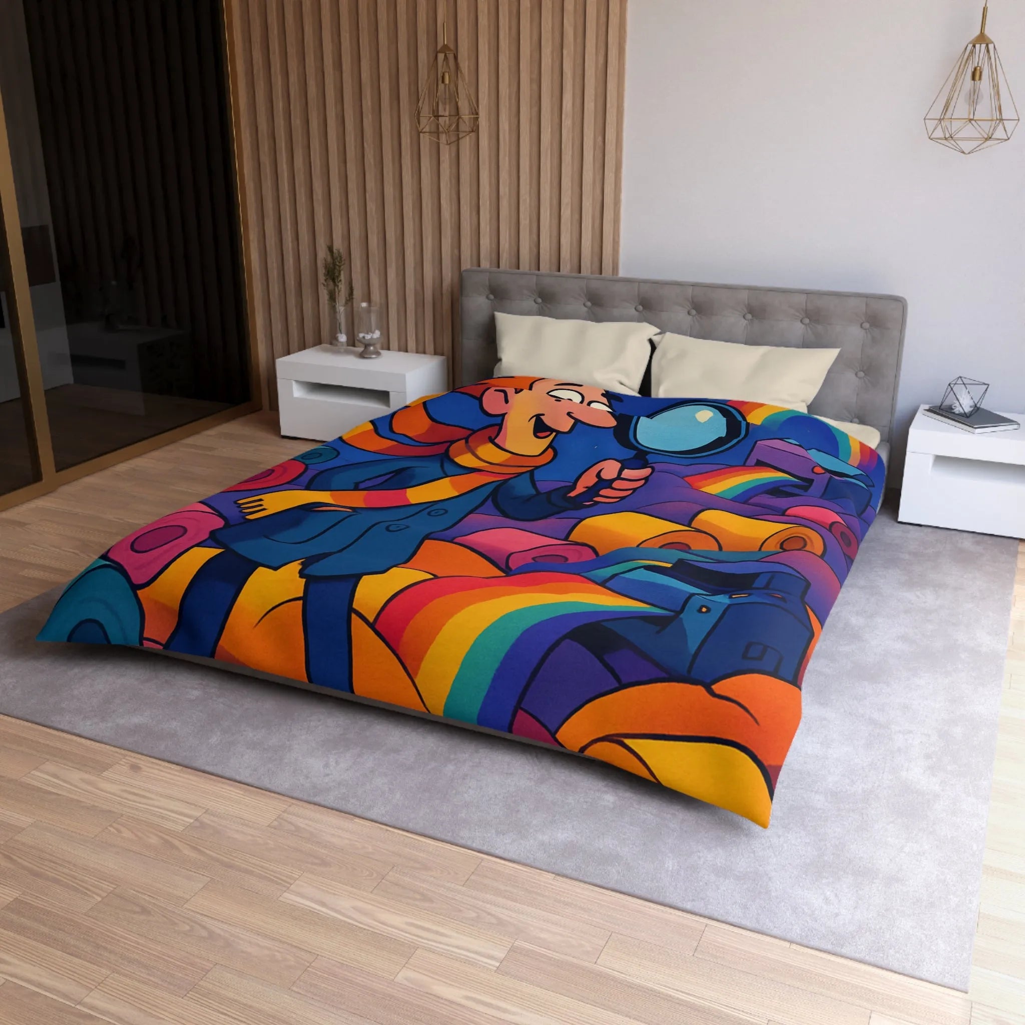 Explorez les couleurs et mystères sur housse de couette lumineuse avec détective fantaisiste