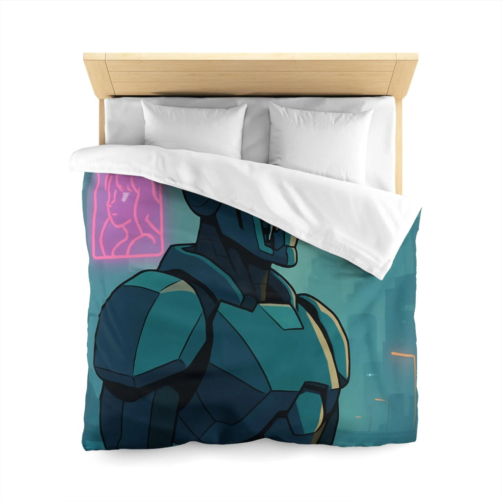 Futuristic Dystopian Cityscape with Neon Lights and Robotic Figure for Bedding Decor