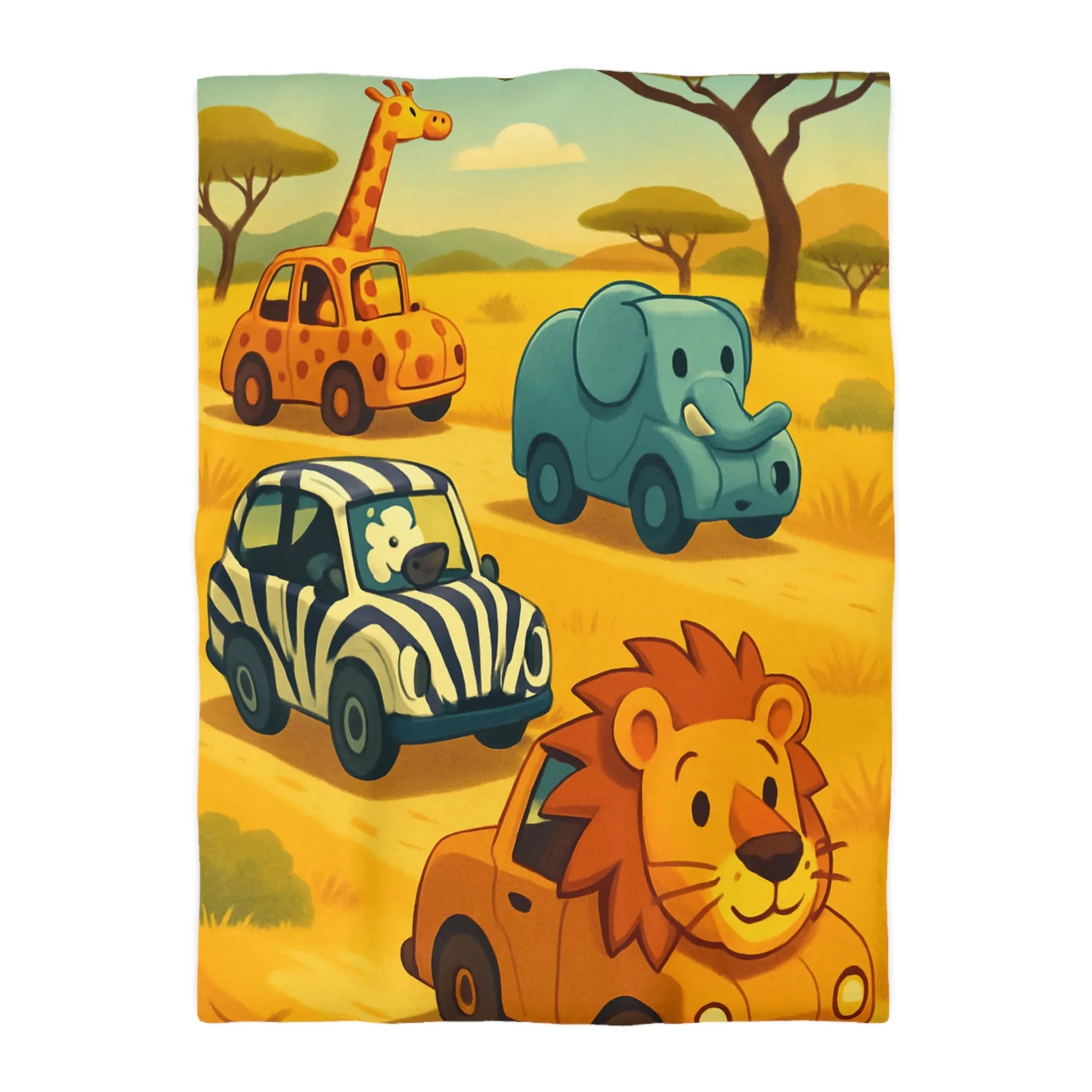 Housse de couette animaux safari mignons pour chambre enfant avec voitures colorées