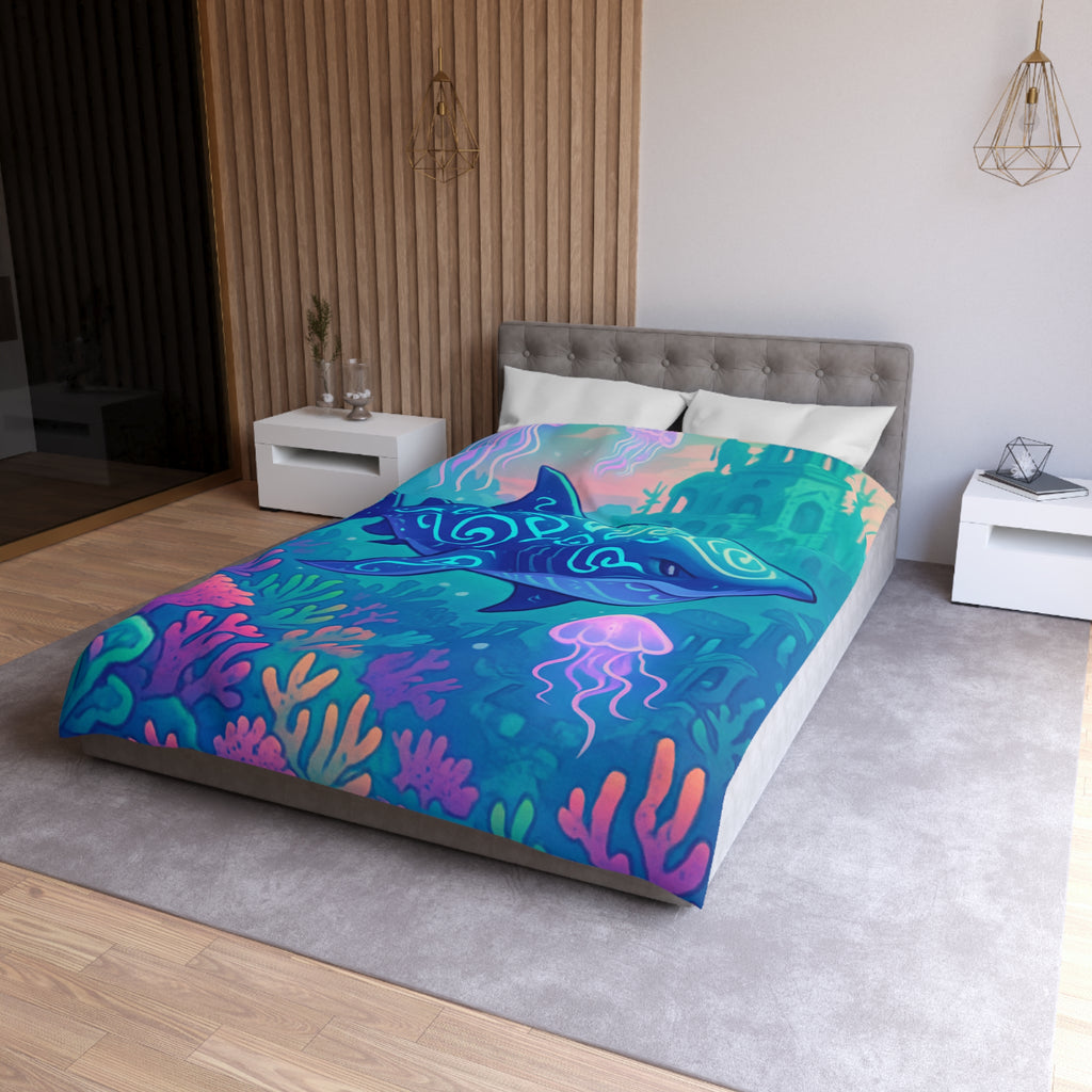 Housse de couette océan fantastique avec requin luminescent et méduses colorées