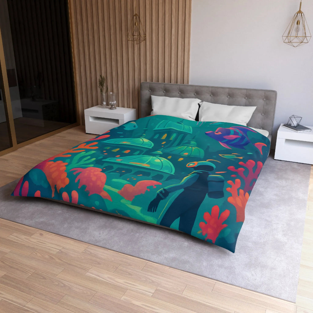 Housse de couette aux couleurs vibrantes inspirée d'une cité sous-marine avec poissons exotiques