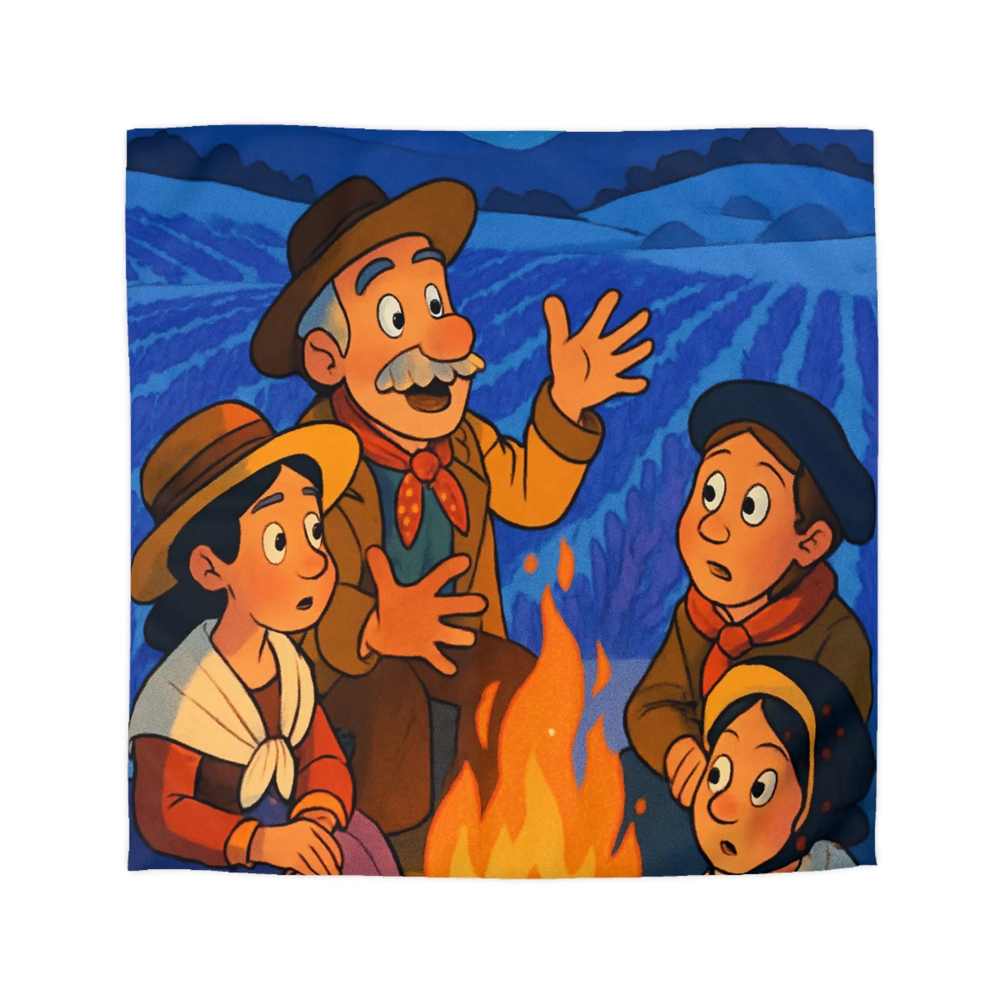 Housse de couette colorée avec scène animée racontant une histoire sous les étoiles