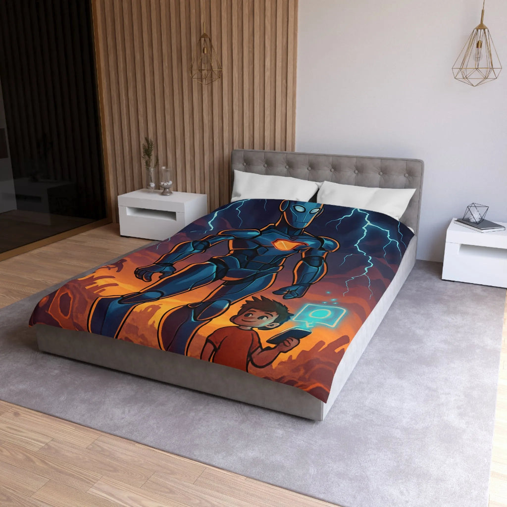 Housse de couette illustrée robot et enfant avec cœur lumineux et ciel orageux