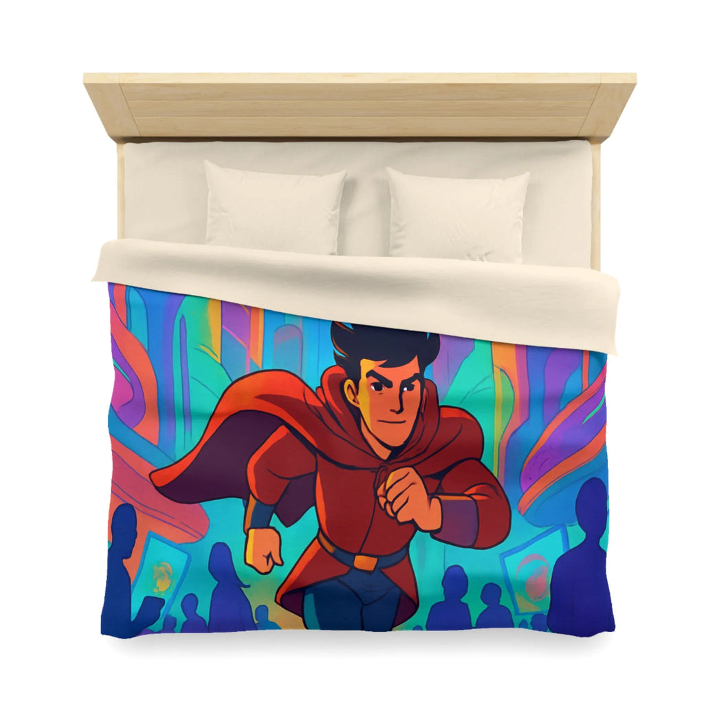 Housse de Couette avec Héros Futuriste Rouge Courant dans Ville Colorée et Dynamique