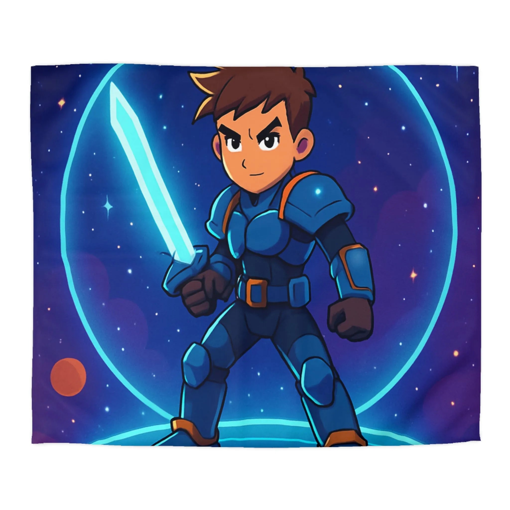 Ensemble galactique animé avec jeune héros et épée lumineuse sur fond cosmique vibrant