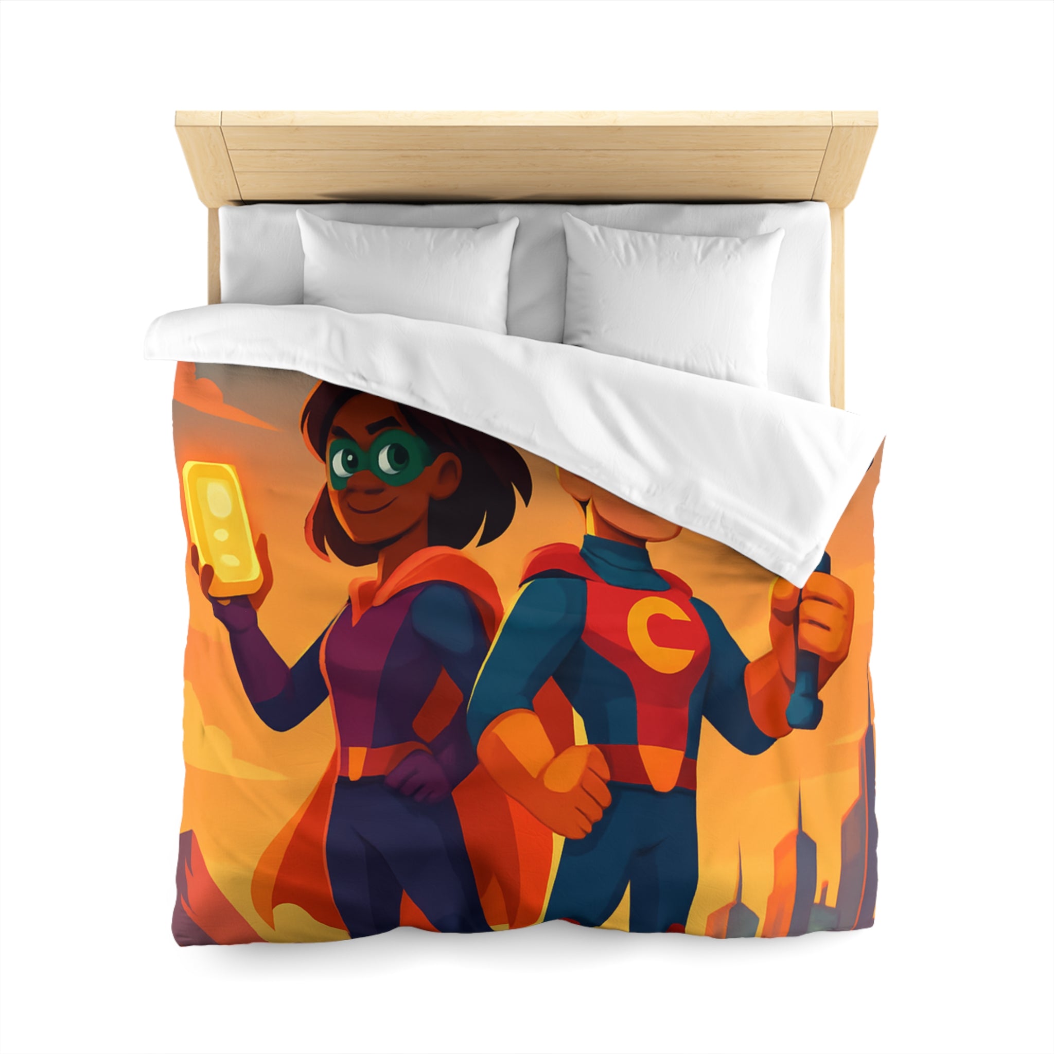 Super-héros Enfantins avec Drones dans Paysage Urbain Coloré Crépusculaire Illustré