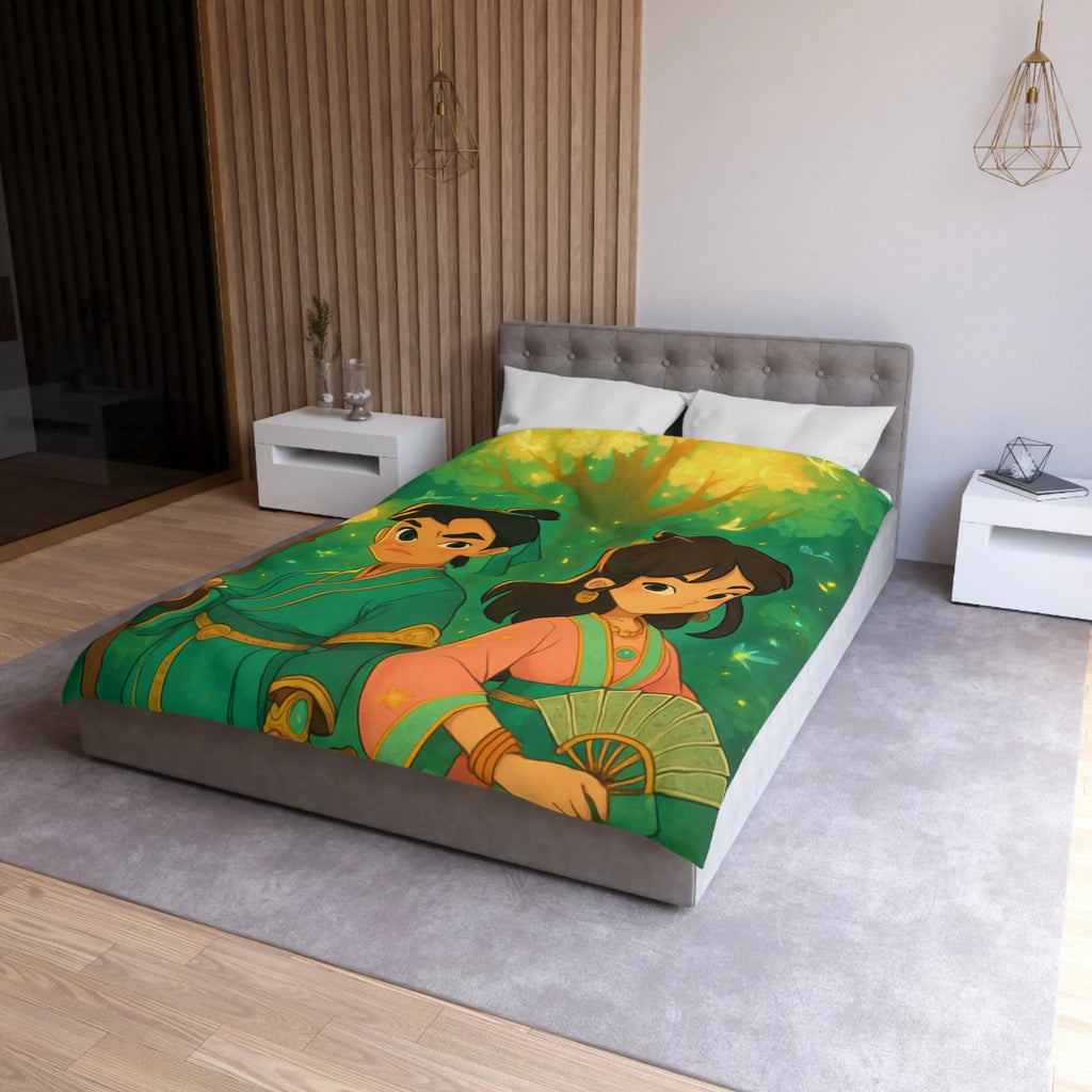 Housse de Couette Féérique Enfants avec Arbre Lumineux et Personnages Style Fantasy Coloré