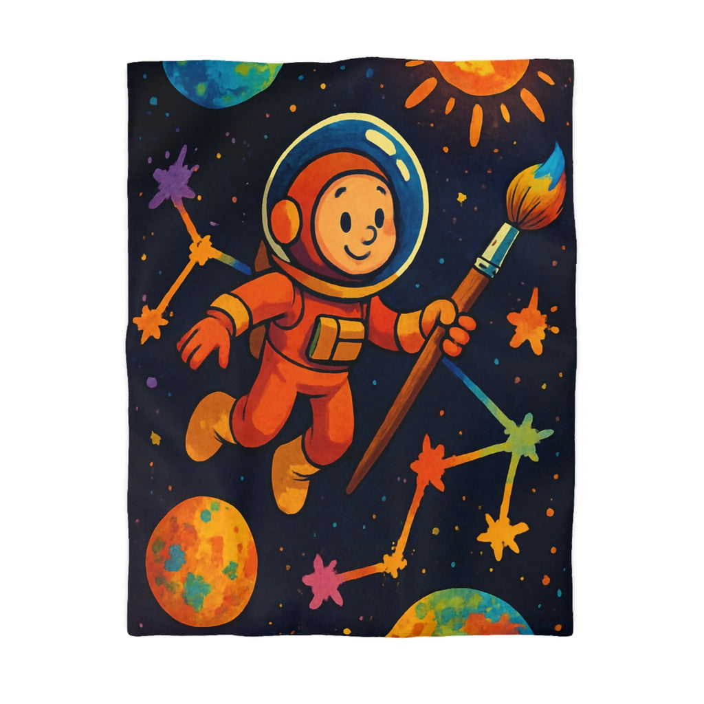 Housse de couette enfant : astronaute, peintre de l'univers, planètes colorées et célestes étoiles