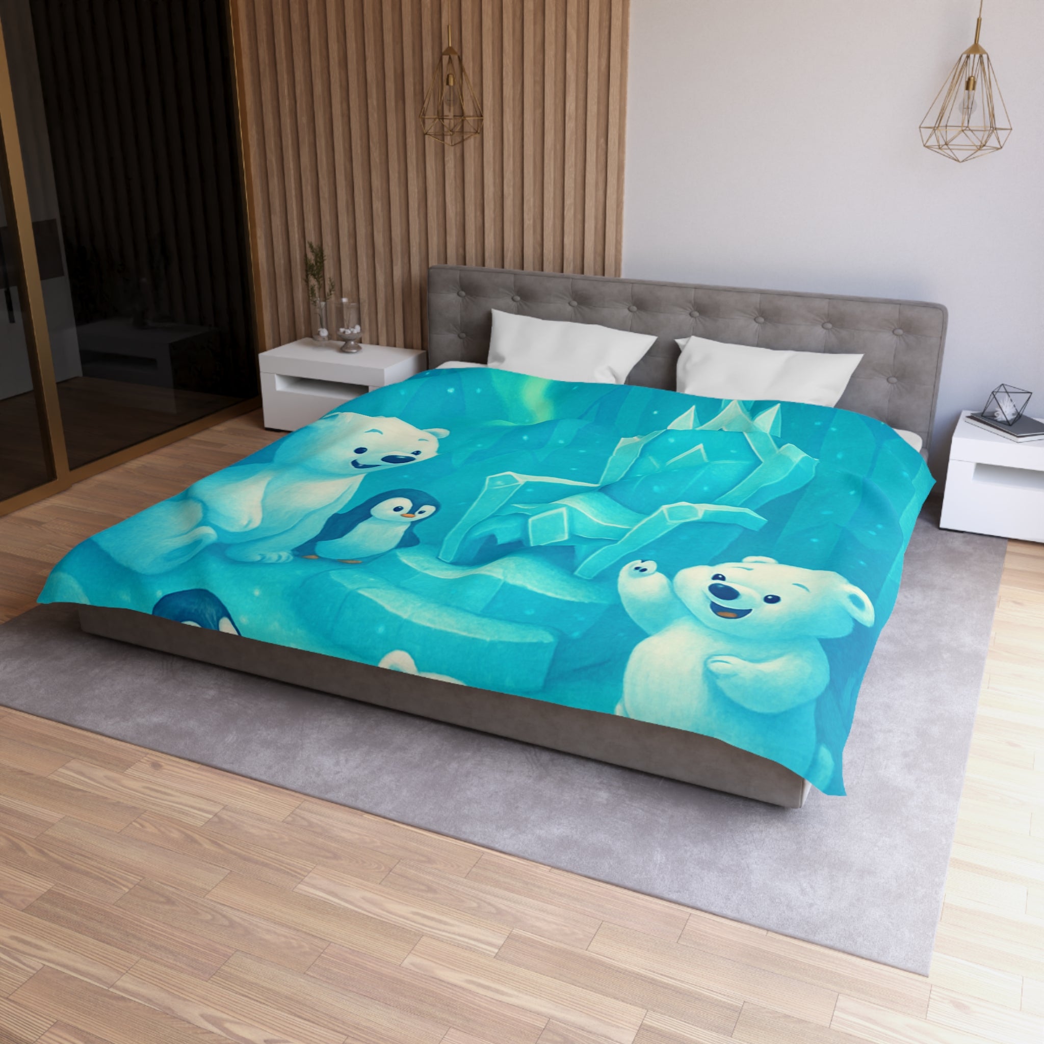 Housse de couette polaire avec ours et pingouins dans royaume glacial féerique