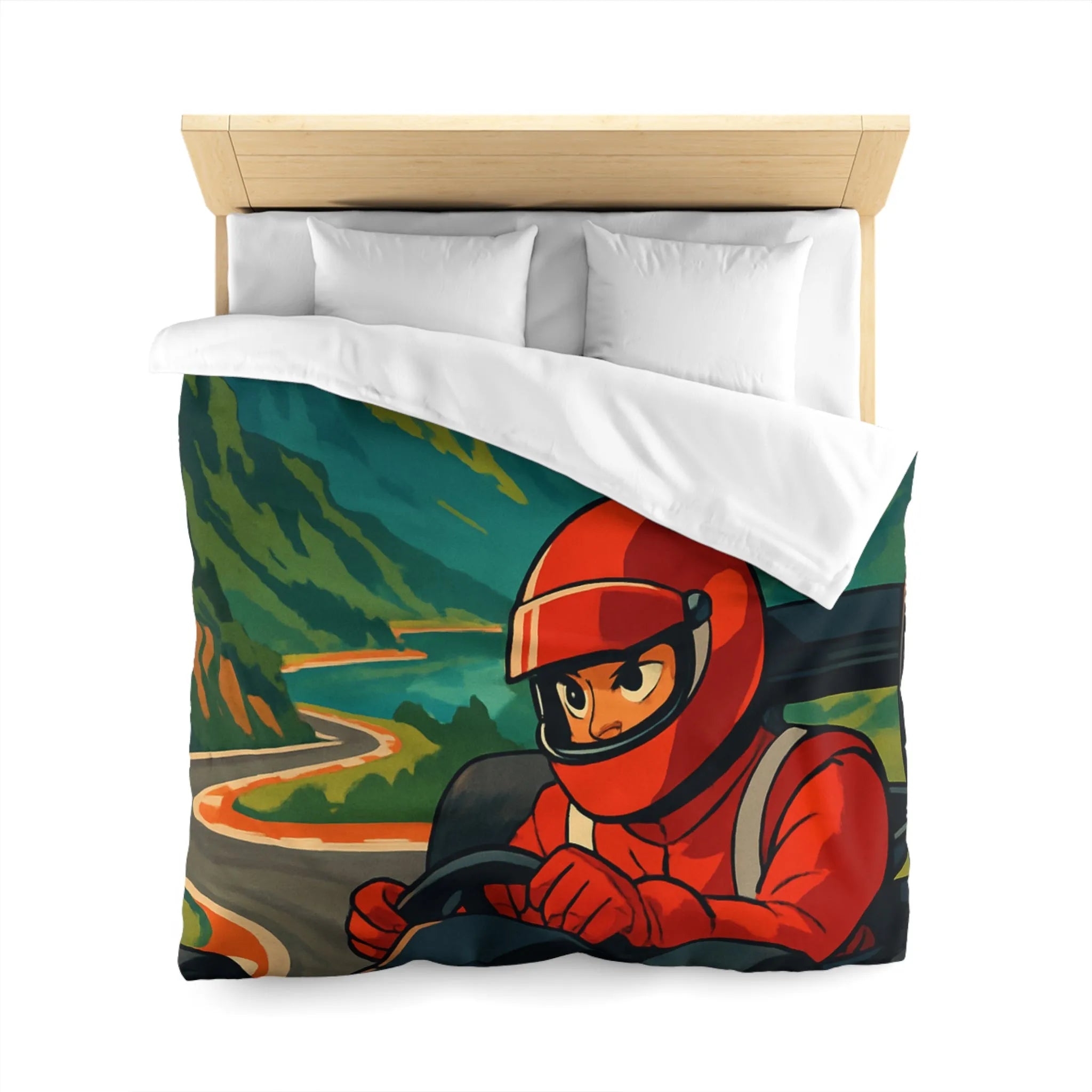 Housse de couette inspirée par une course en montagne avec conducteur en combinaison rouge