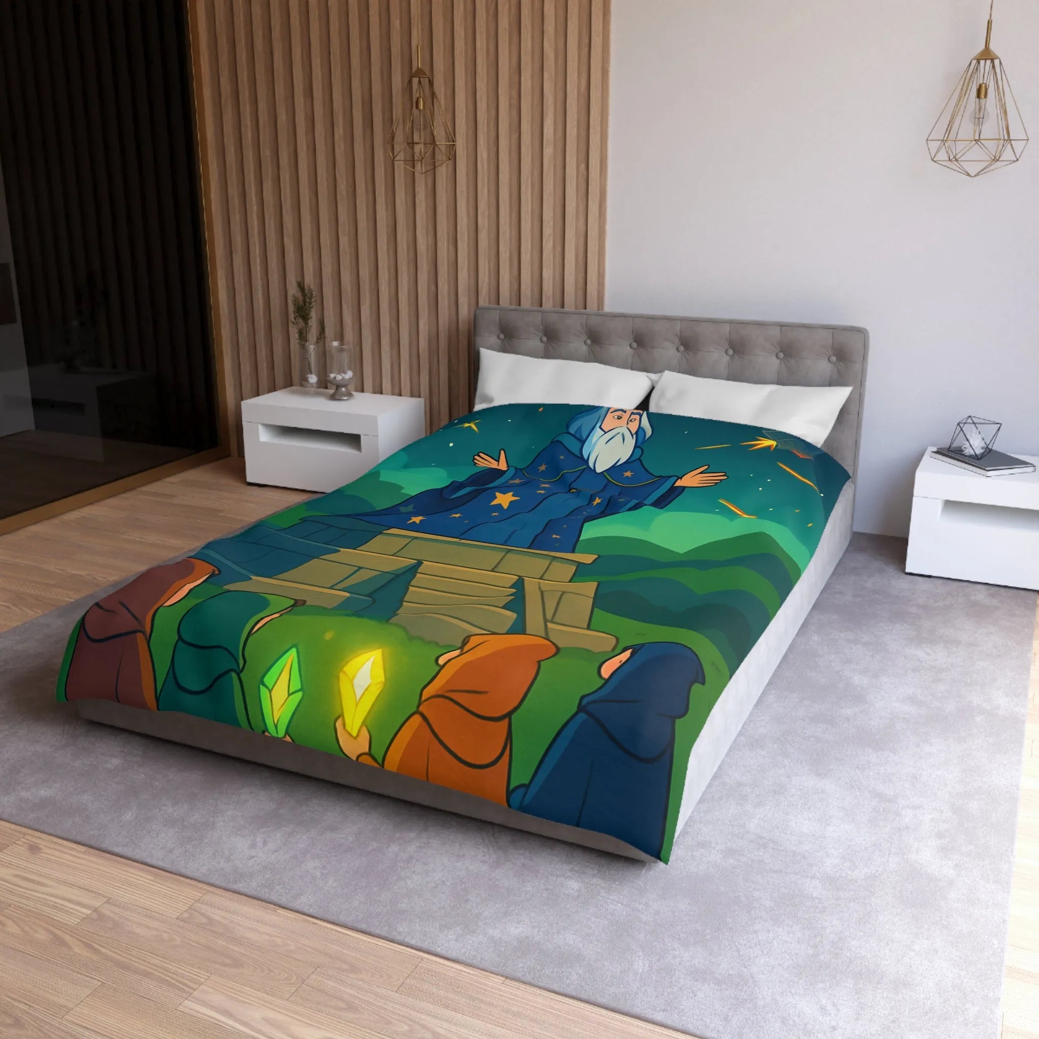 Housse de couette fantaisie avec sorcier et cristaux lumineux dans un paysage étoilé