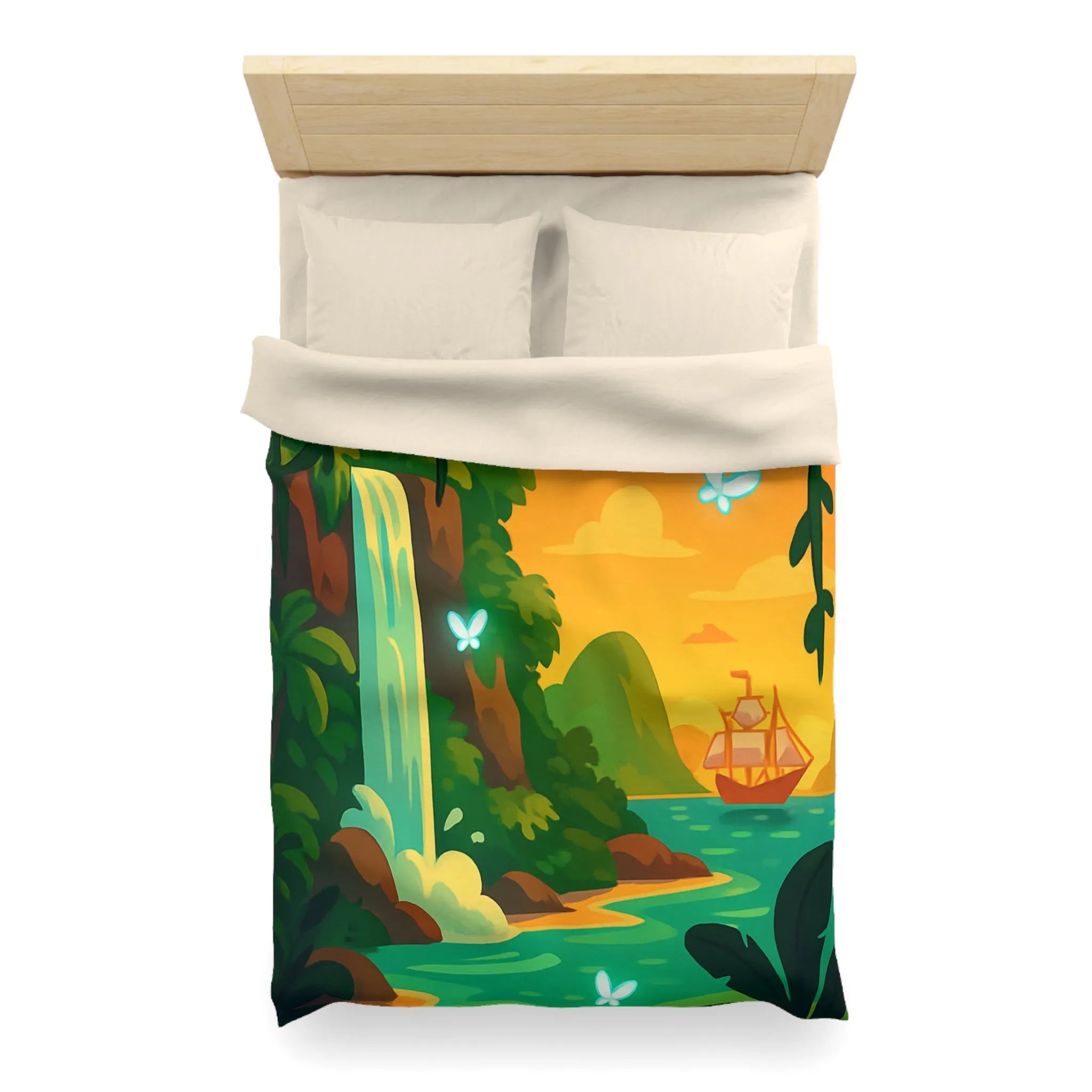 Housse de couette exotique avec cascade, papillons lumineux et bateau au coucher du soleil