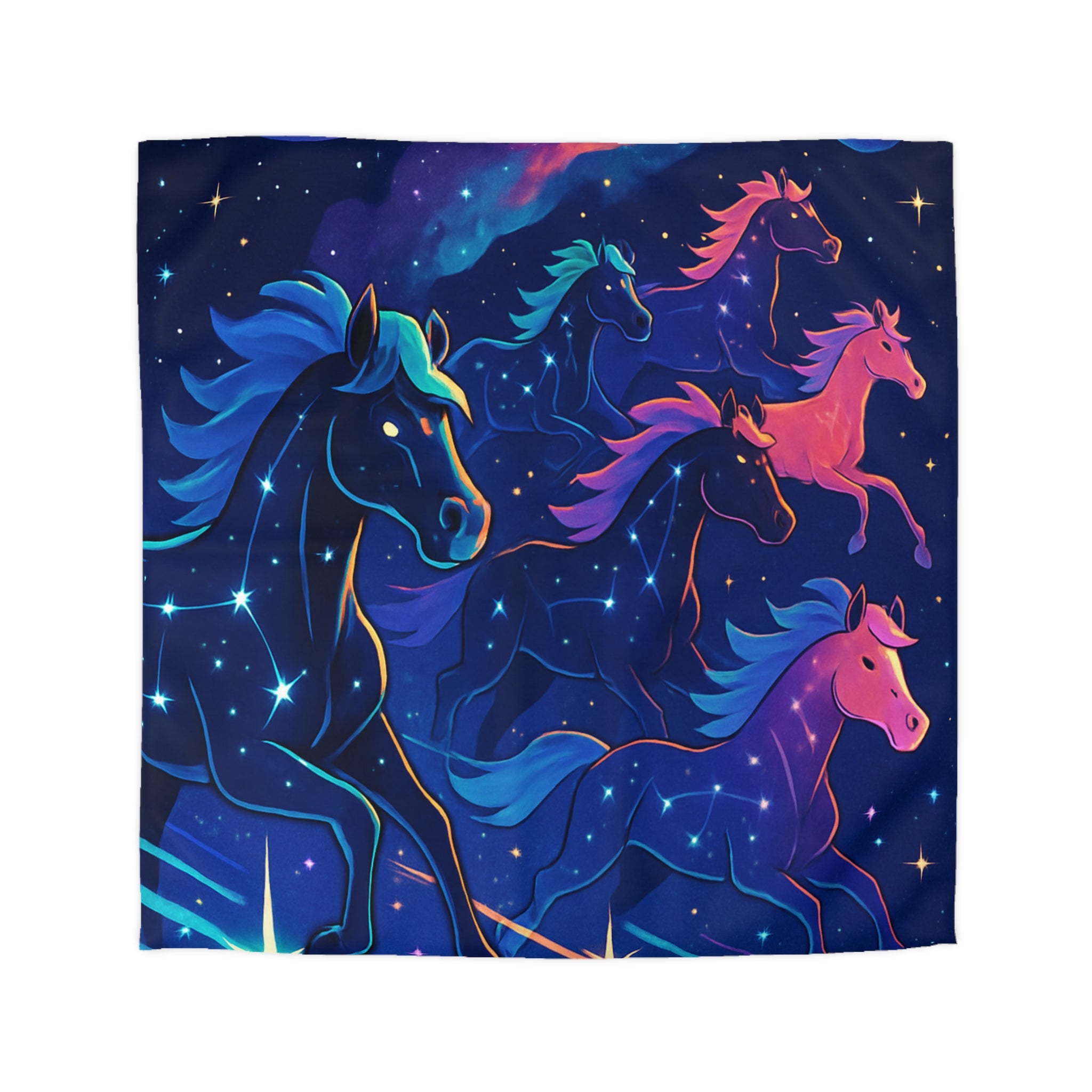 Rêve céleste: chevaux galactiques lumineux dans un univers étoilé et coloré