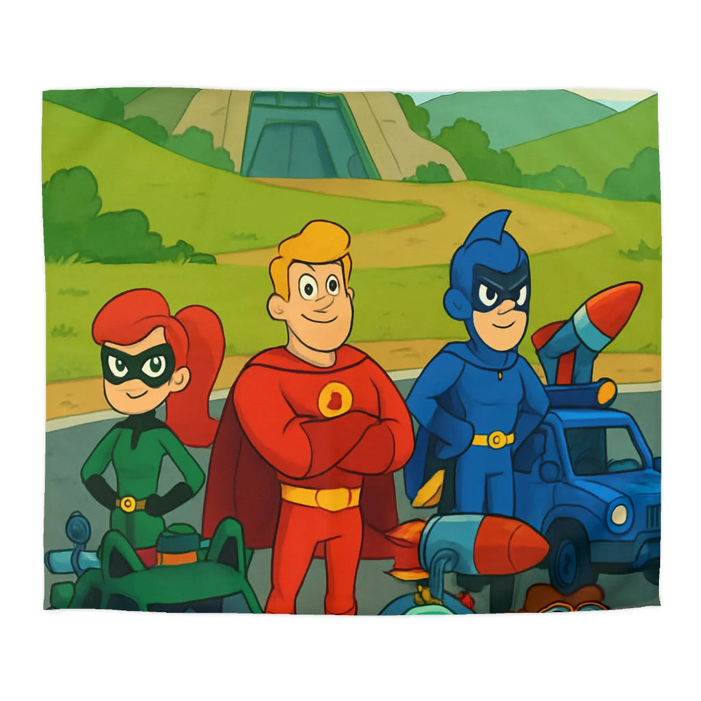 Housse de couette enfant avec super-héros et véhicules colorés dans paysage cartoon vibrant