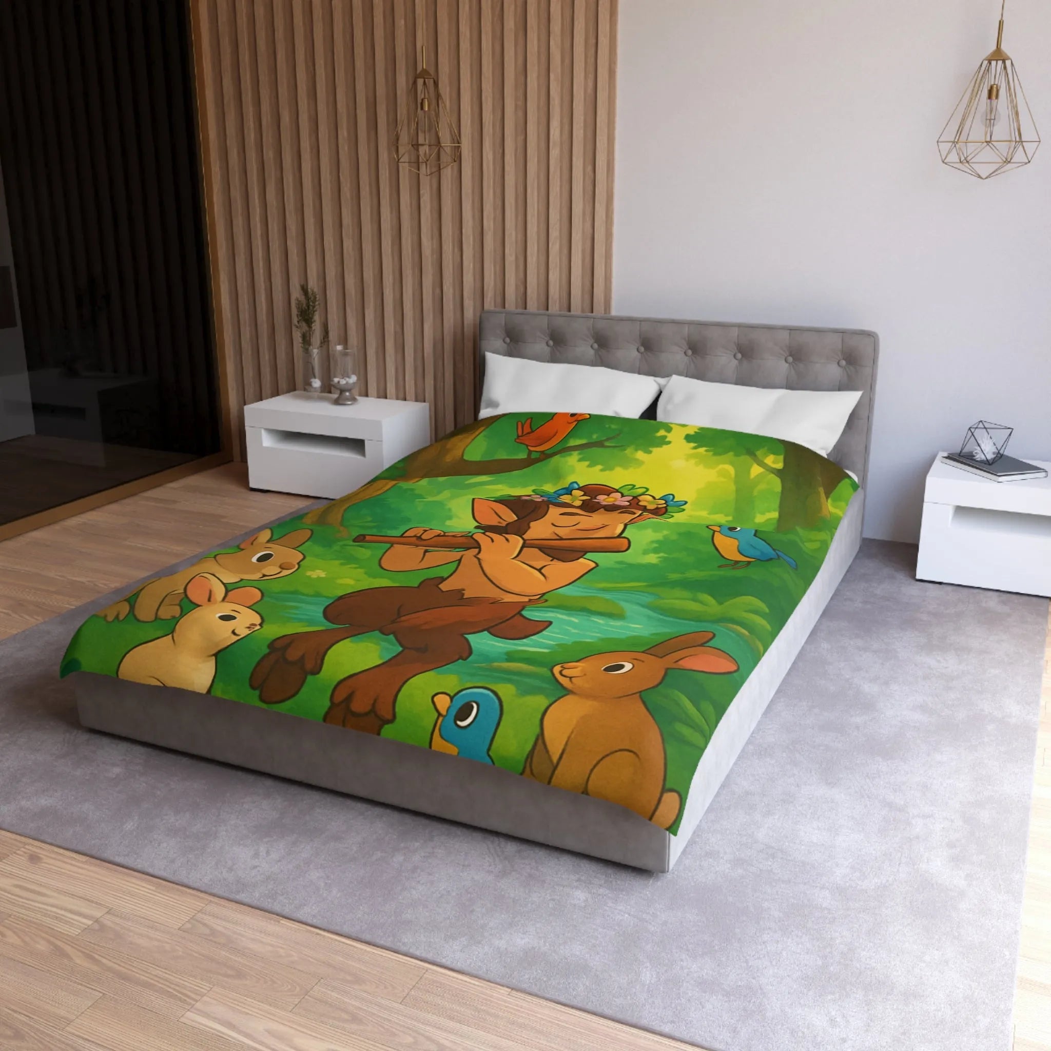 Housse de couette enchantée avec faune légendaire jouant de la flûte au milieu des bois