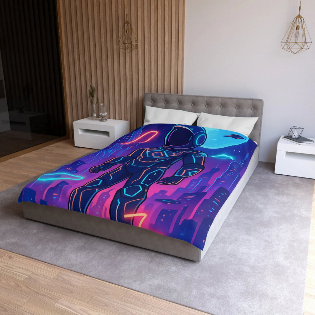 Housse de couette avec astronaute néon, skyline futuriste et vaisseaux spatiaux