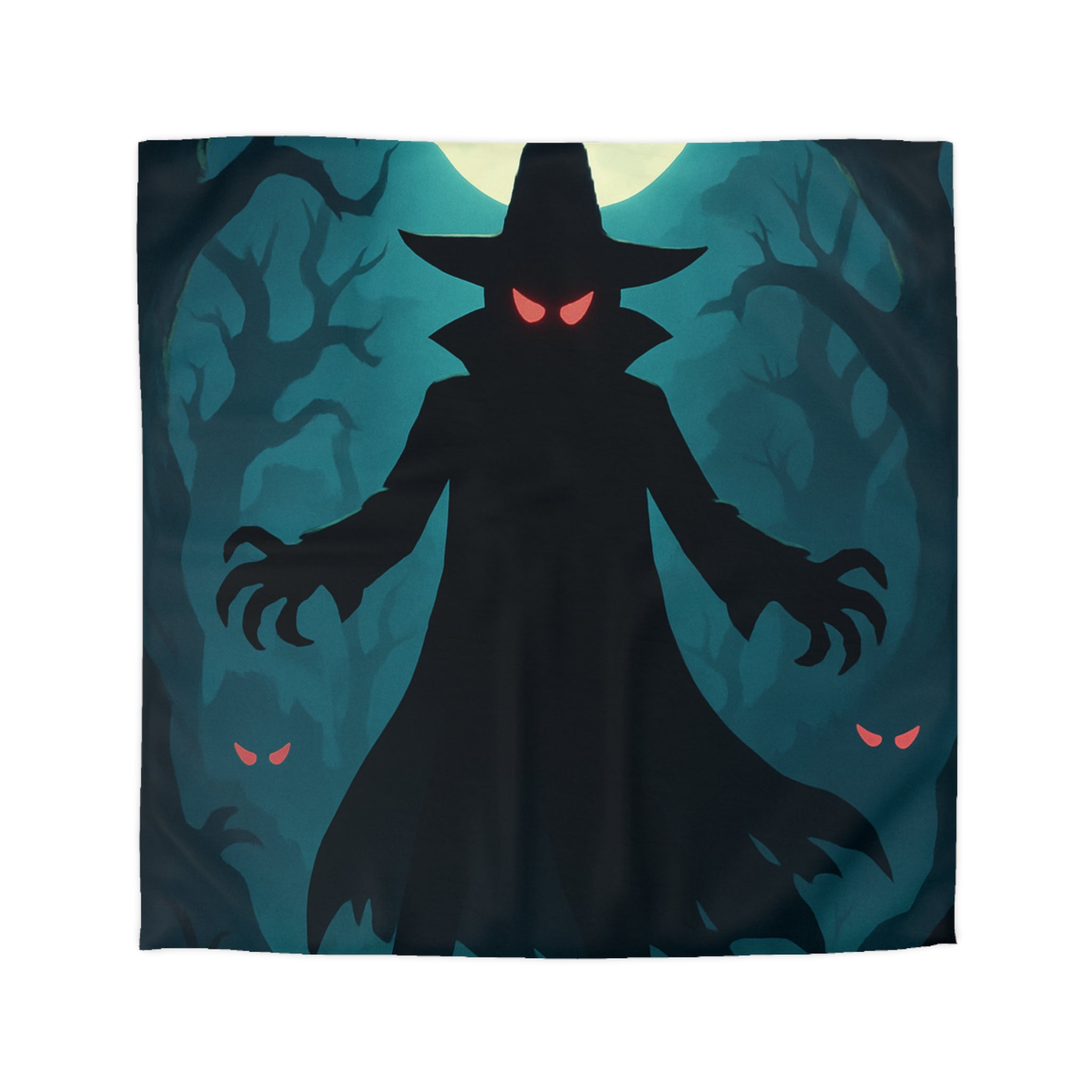 Housse de couette sorcier sombre dans forêt avec pleine lune et yeux rouges