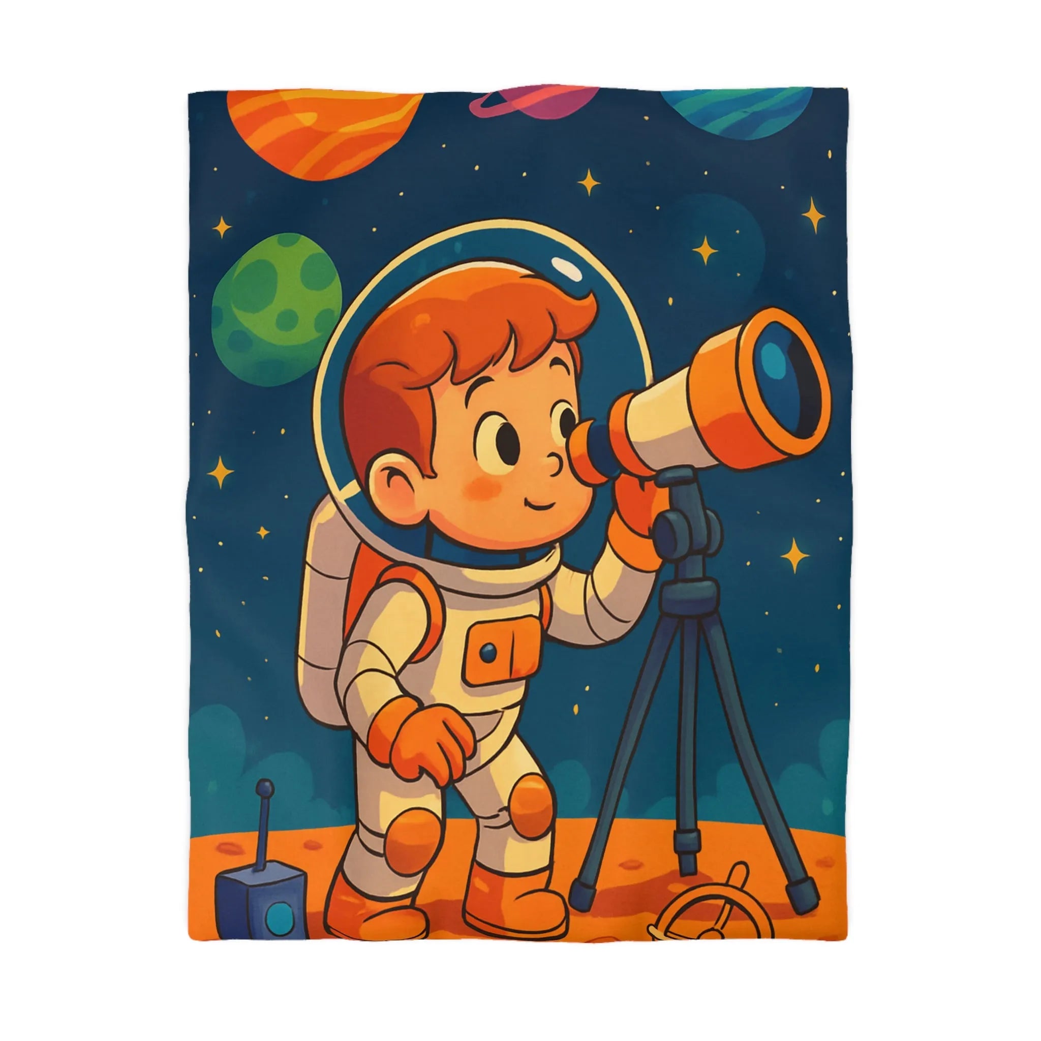 Housse couette enfant astronaute explorant planètes avec télescope carte étoilée