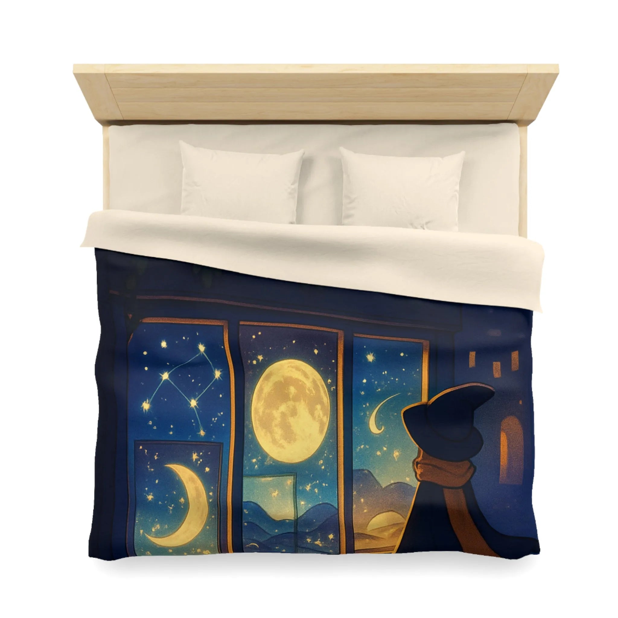 Housse de couette magique avec scène nocturne féerique, chat mystique et ciel étoilé