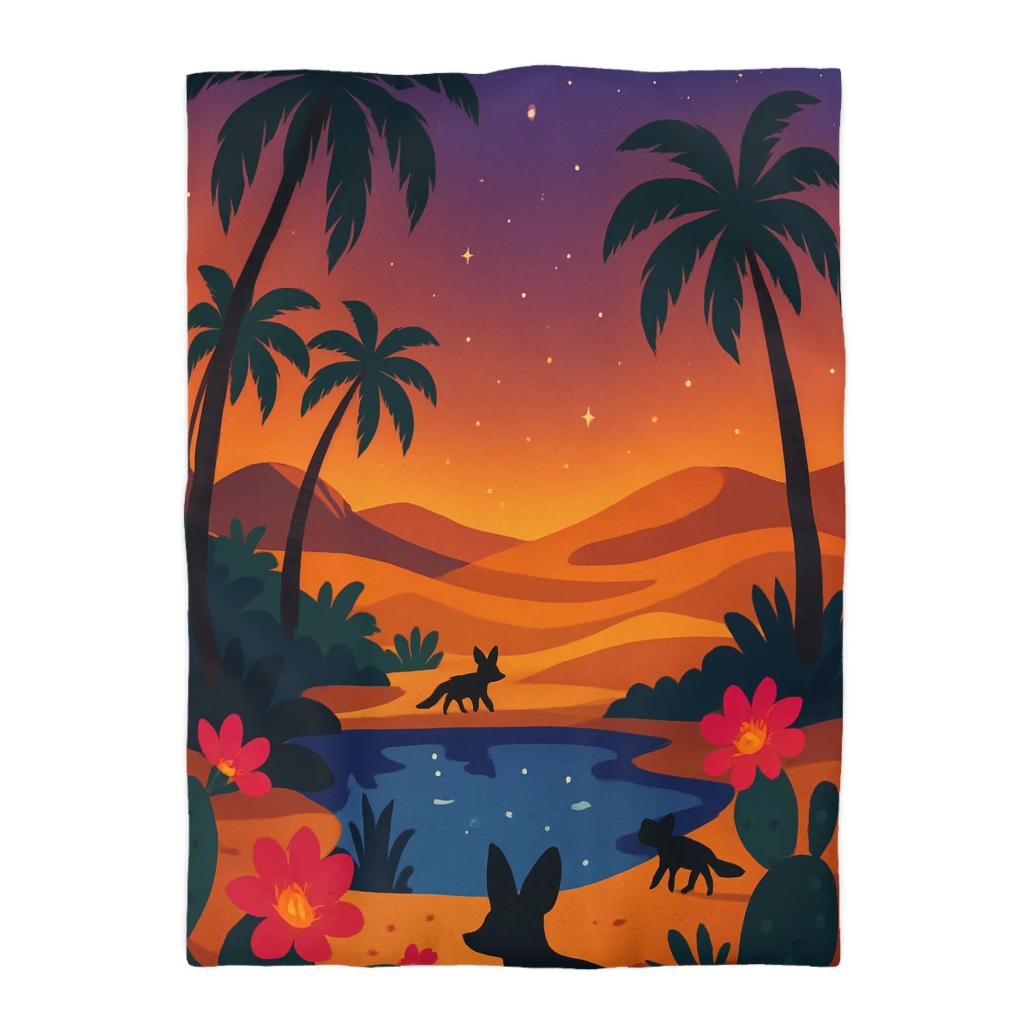 Housse de couette exotique avec paysage désertique et palmiers sous ciel étoilé