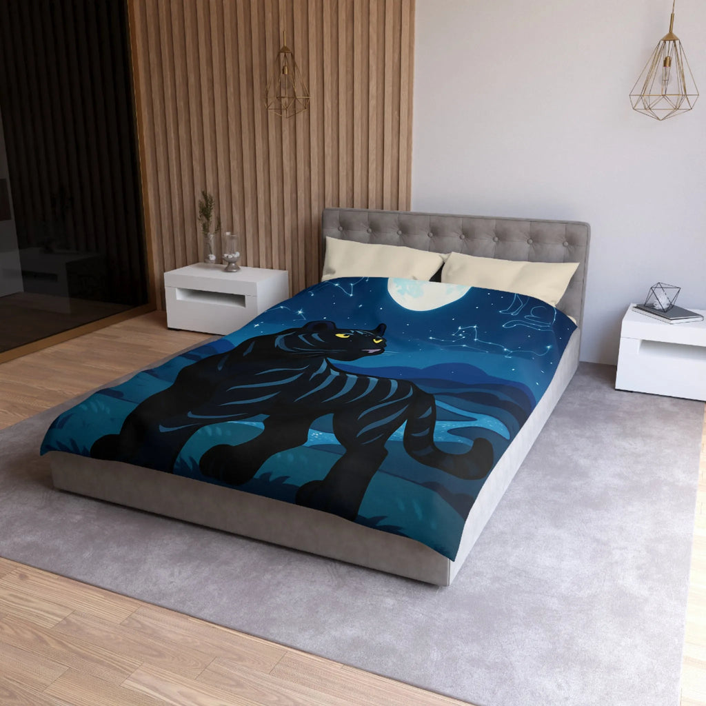 Housse de couette étoilée : Chat noir constellé sous une pleine lune éclatante