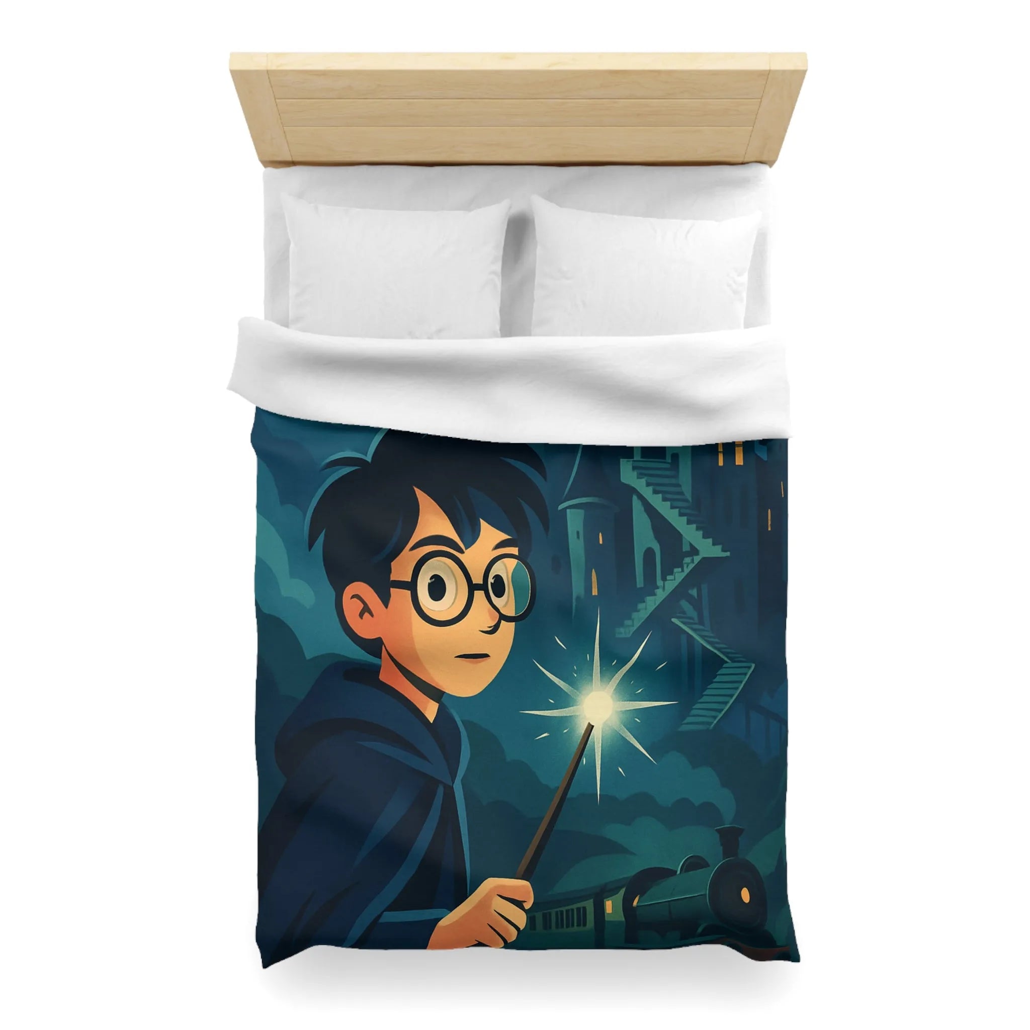 Housse de couette magique avec garçon, château mystérieux et train dans la nuit étoilée