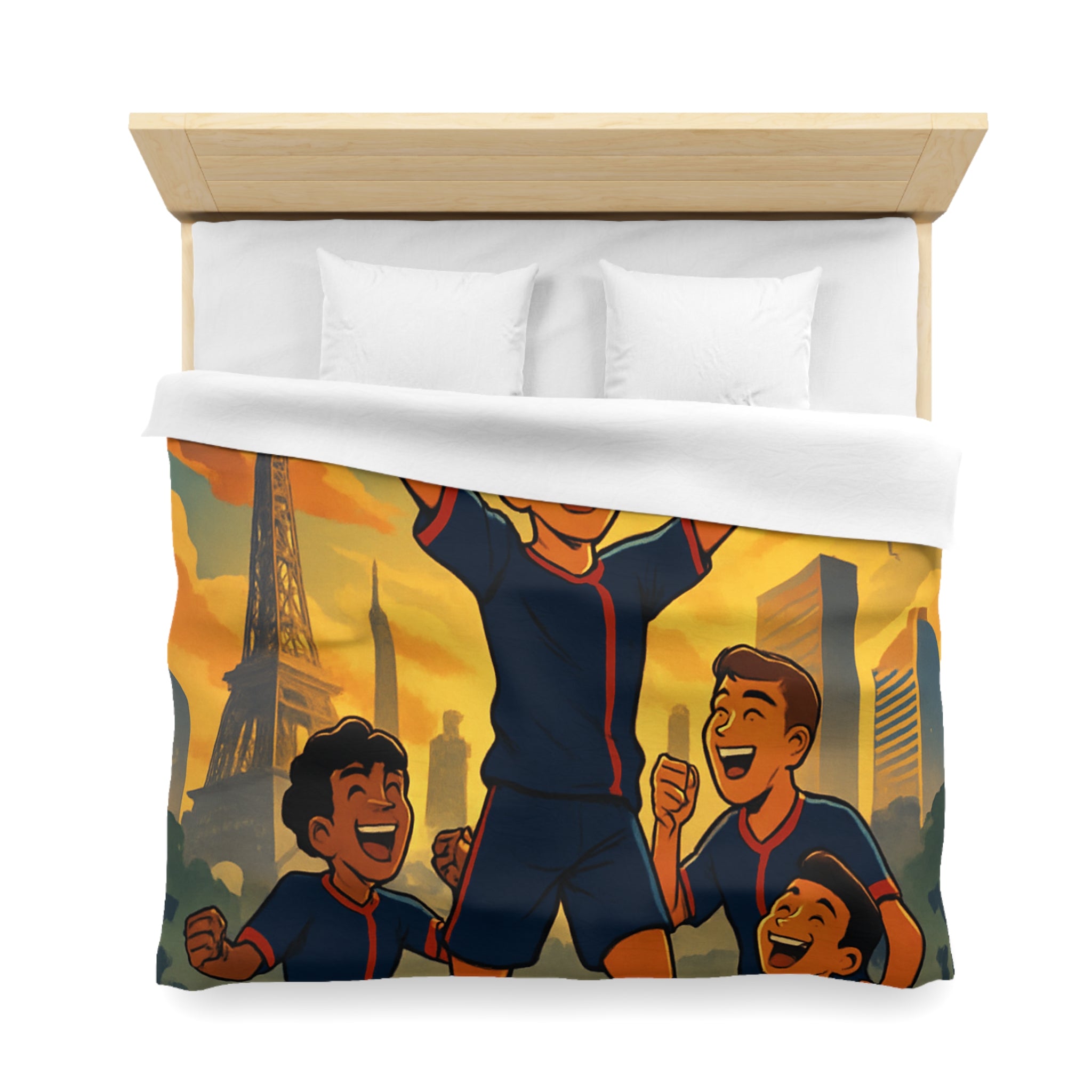 Housse de couette pour enfants avec footballeurs enthousiastes devant paysage urbain en coucher de soleil