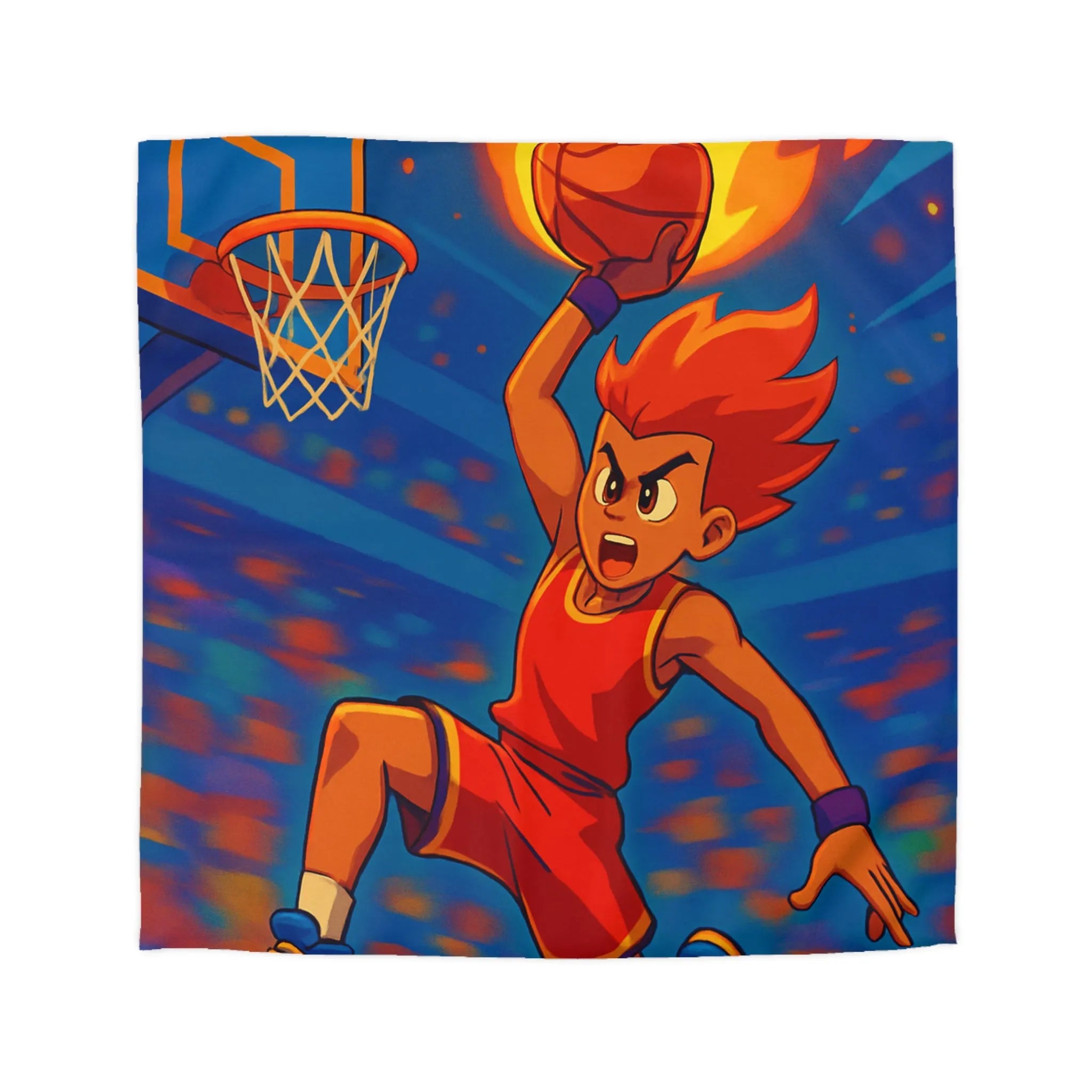 Housse de couette garçon avec joueur de basketball enflammé dans un style animé vibrant