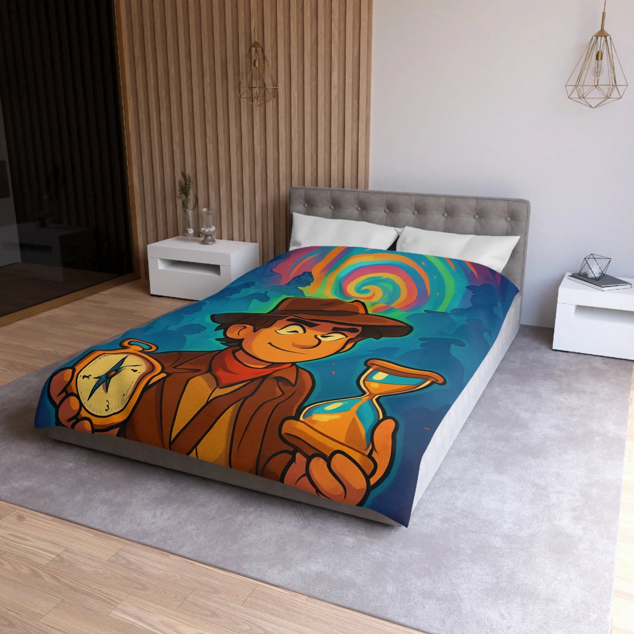 Décor Aventure Mystérieuse Housse de Couette avec Illustration de Voyageur et Sablier