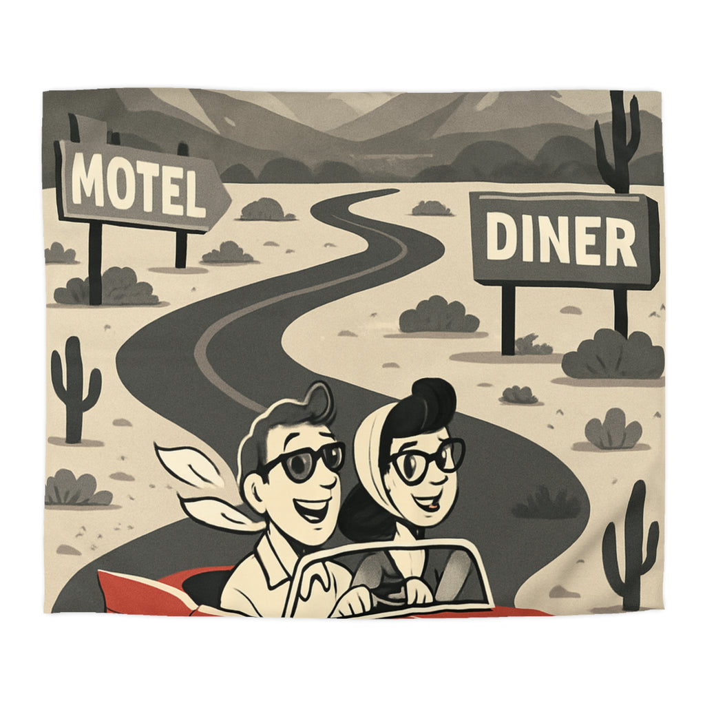 Housse de Couette Vintage Route 66: Motif Rétro Voiture Rouge Montagnes Désertiques