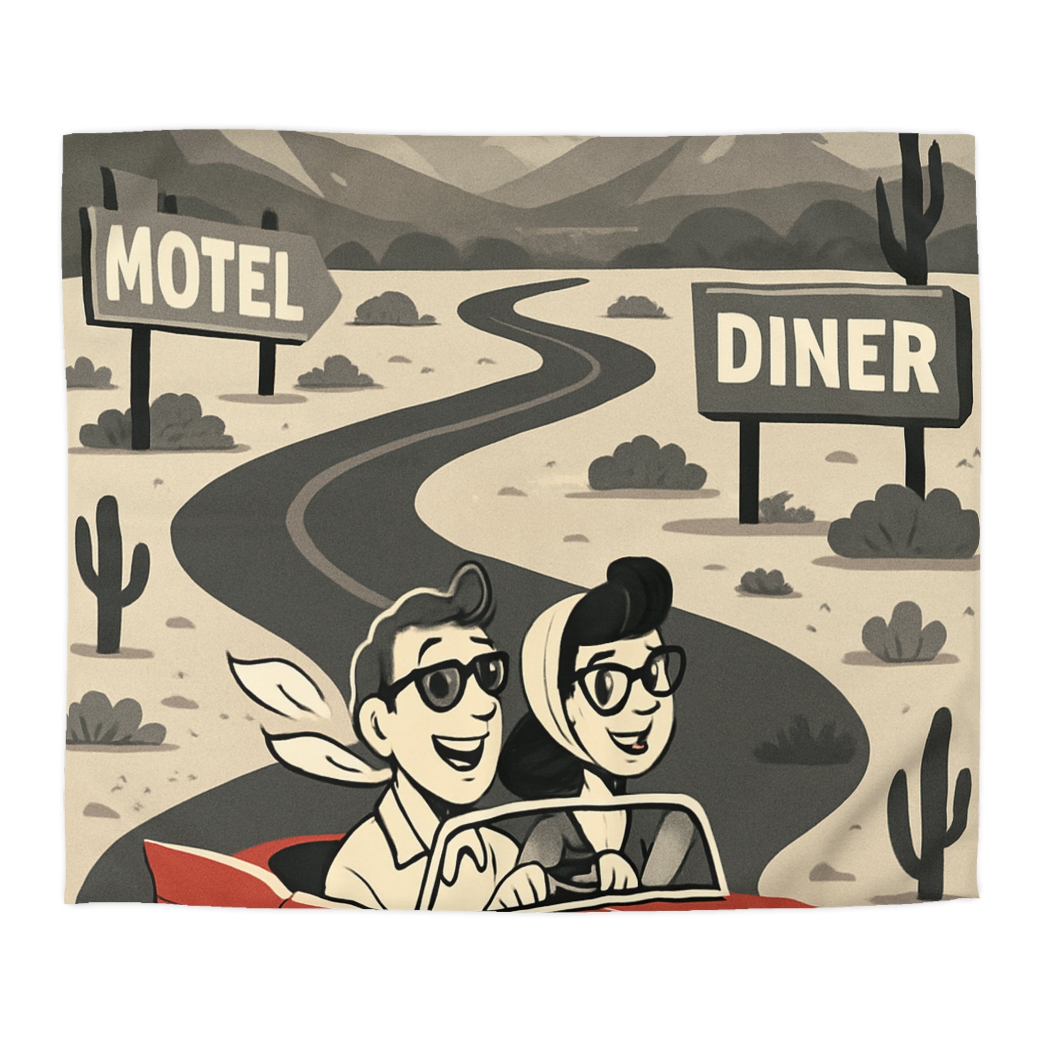 Housse de Couette Vintage Route 66: Motif Rétro Voiture Rouge Montagnes Désertiques