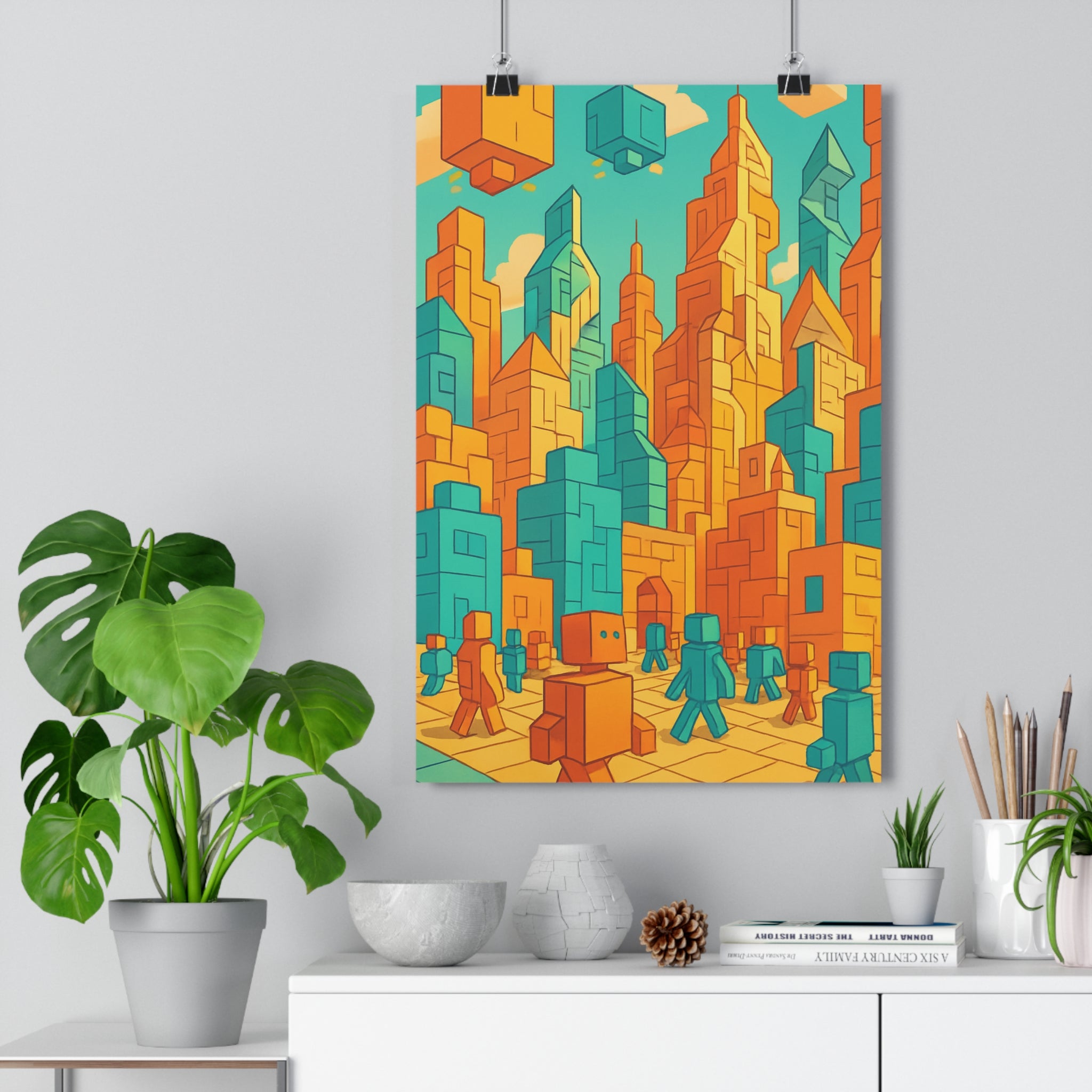 Poster décoratif futuriste orange turquoise cartoon dynamique moderne chambre salon bureau art vibrant qualité