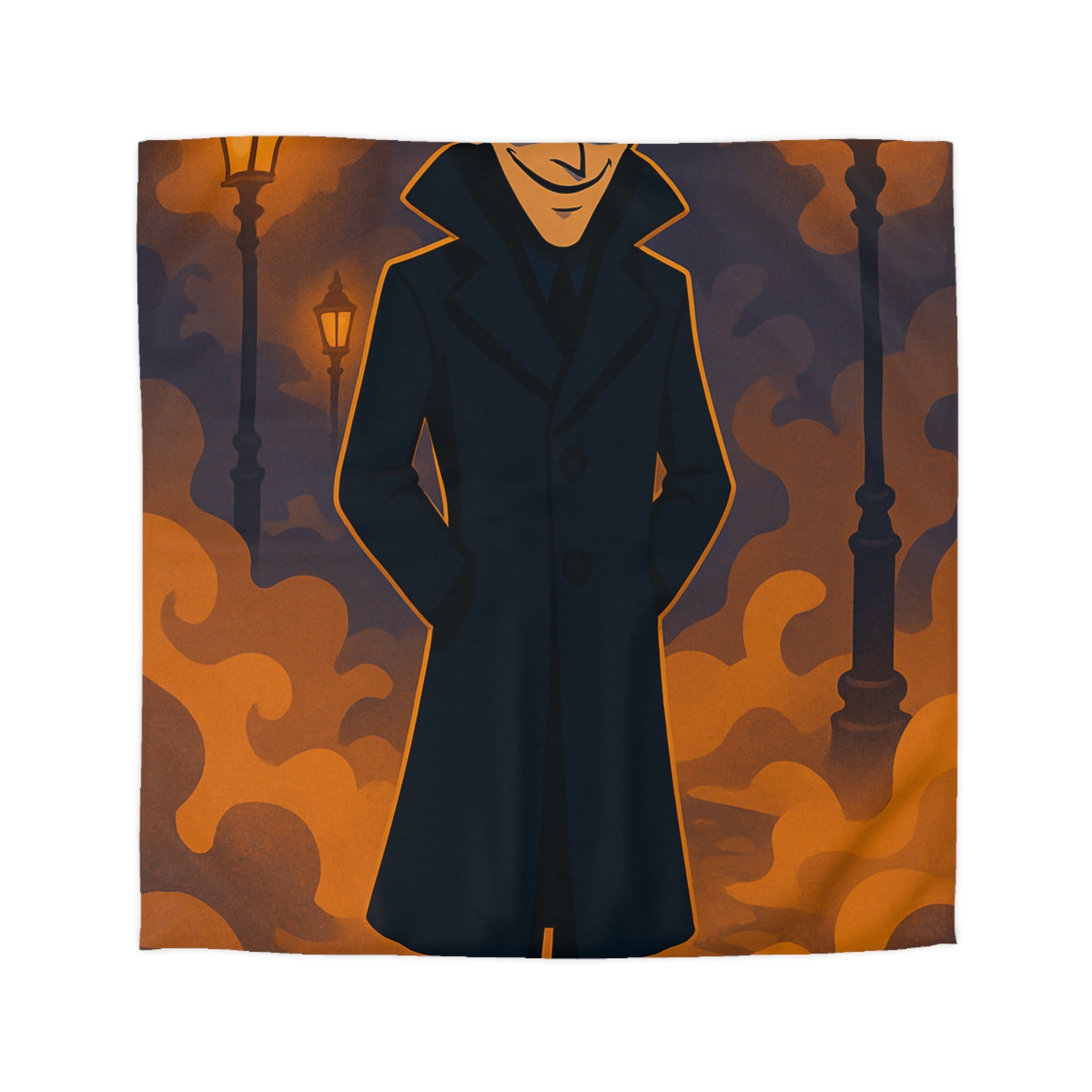 Housse de couette mystique détective en noir, décor urbain nocturne éclairé de lampadaires