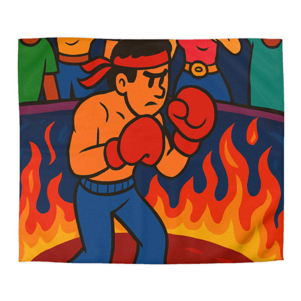 Housse de couette originale avec boxeur entouré de flammes et foule colorée