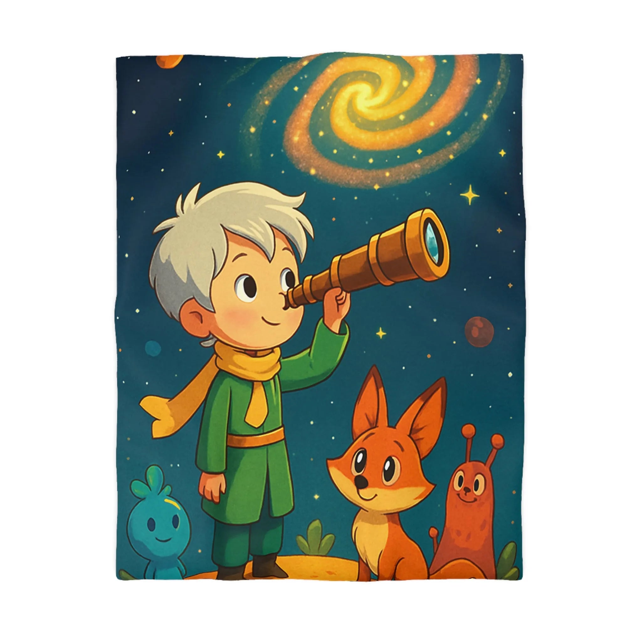 Housse de couette enfant rêveur observant les étoiles avec télescope et animaux adorables