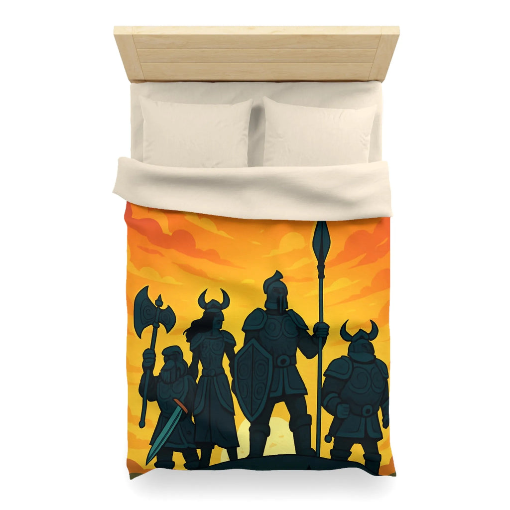 Housse de couette épique avec guerriers sous ciel flamboyant pour décoration médiévale