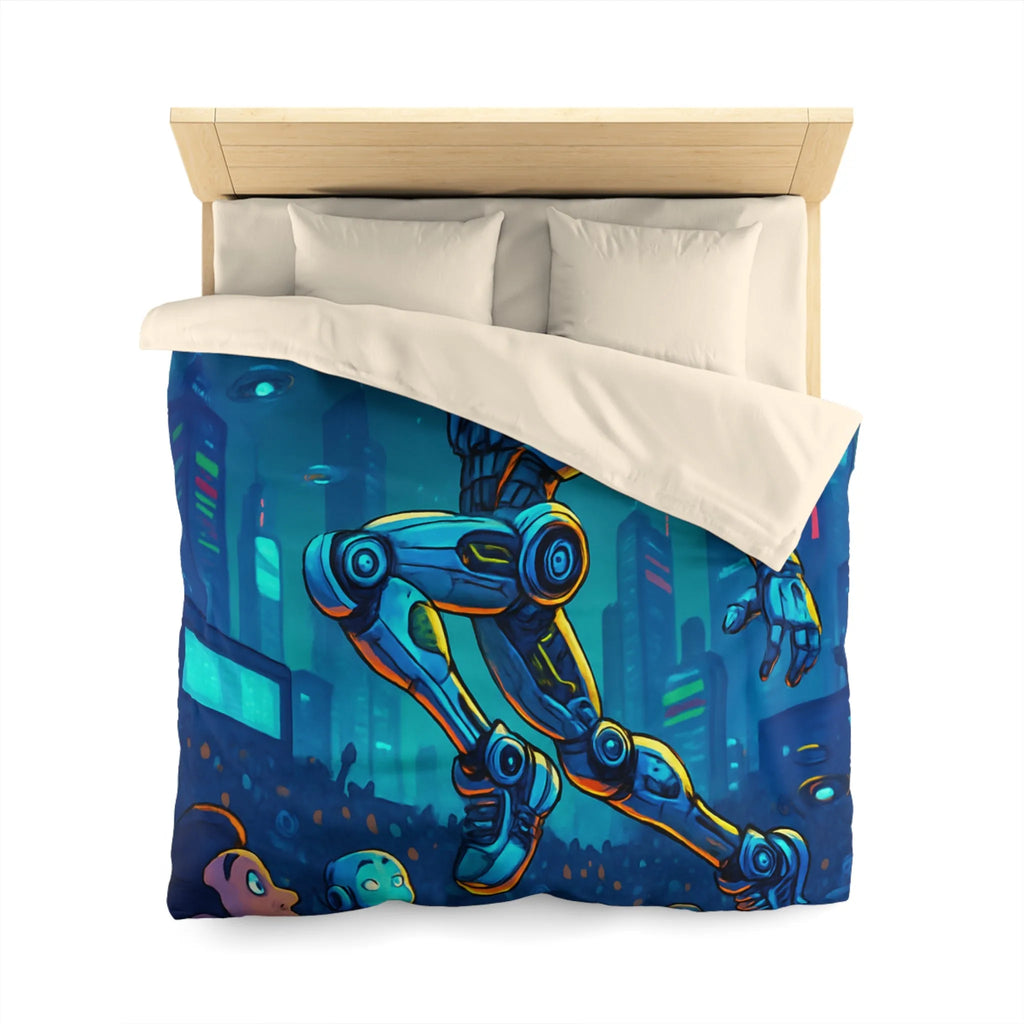 Housse de couette futuriste avec robot jouant au basket dans une ville lumineuse
