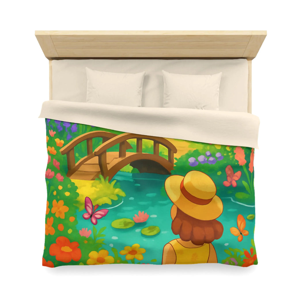 Housse de Couette Jardin Enchanté avec Pont et Papillons, Motif Vif et Coloré