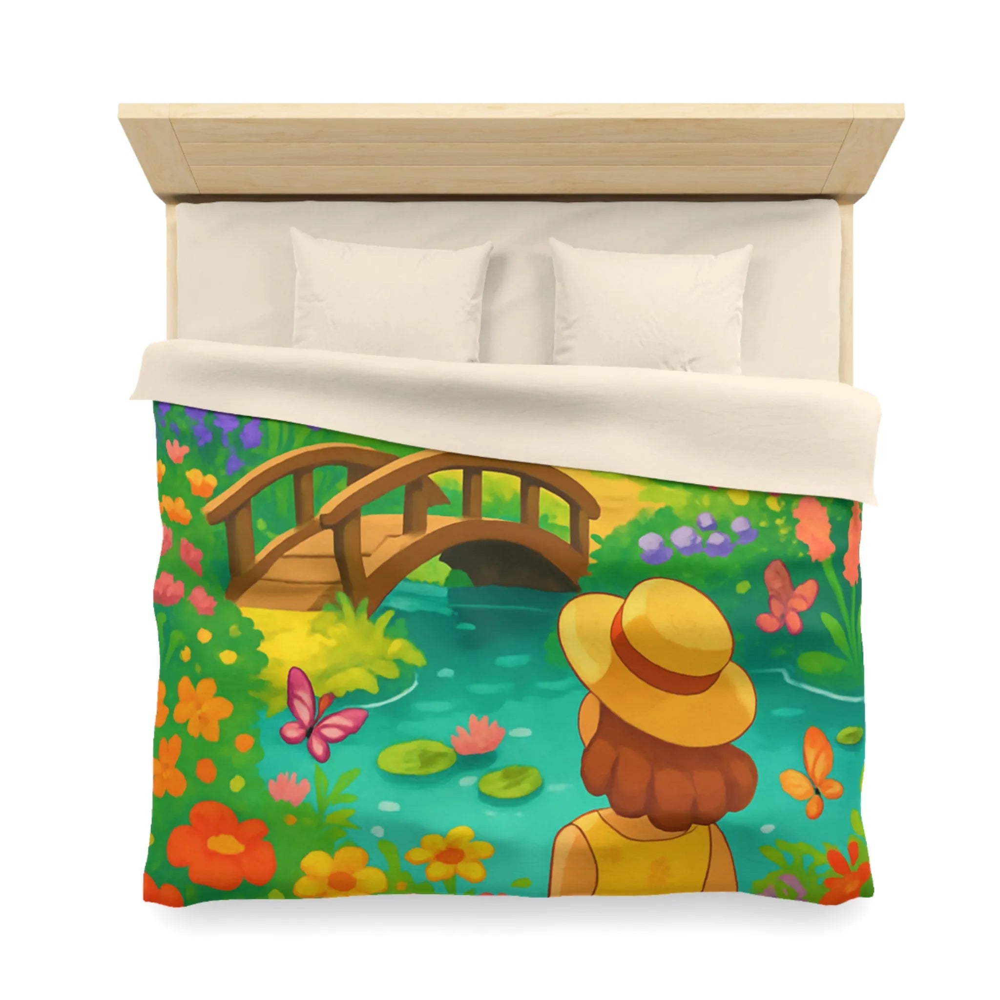 Housse de Couette Jardin Enchanté avec Pont et Papillons, Motif Vif et Coloré