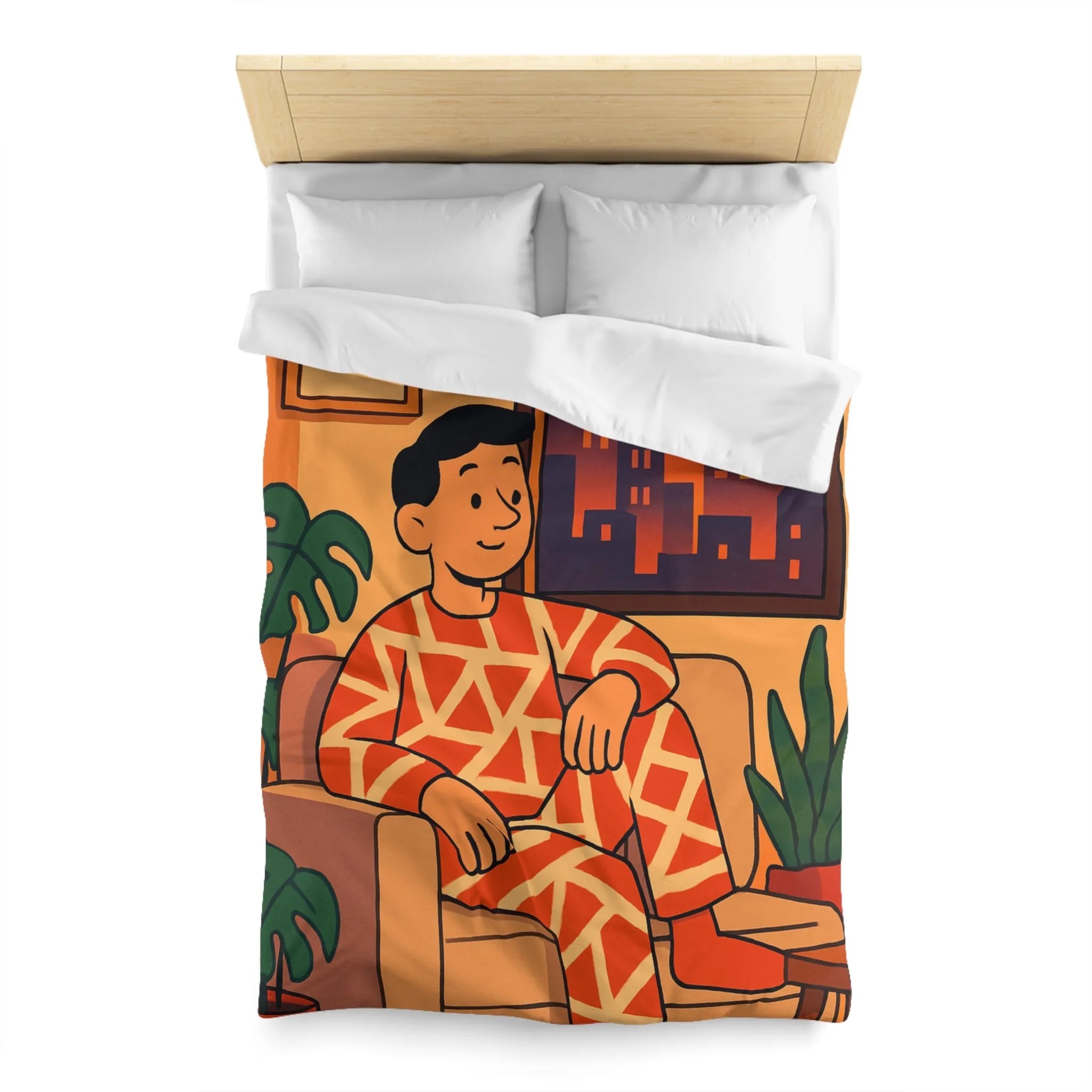 Housse de couette aux motifs géométriques avec scène de coucher de soleil en ville