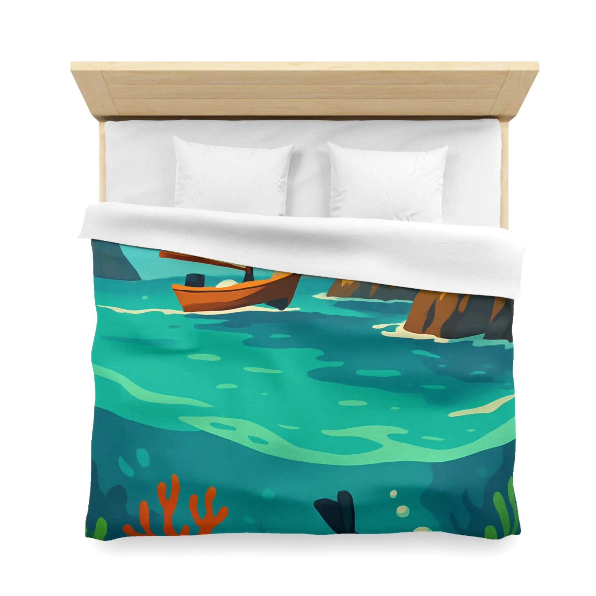 Housse de couette maritime avec plongée, voilier, falaises et récifs colorés