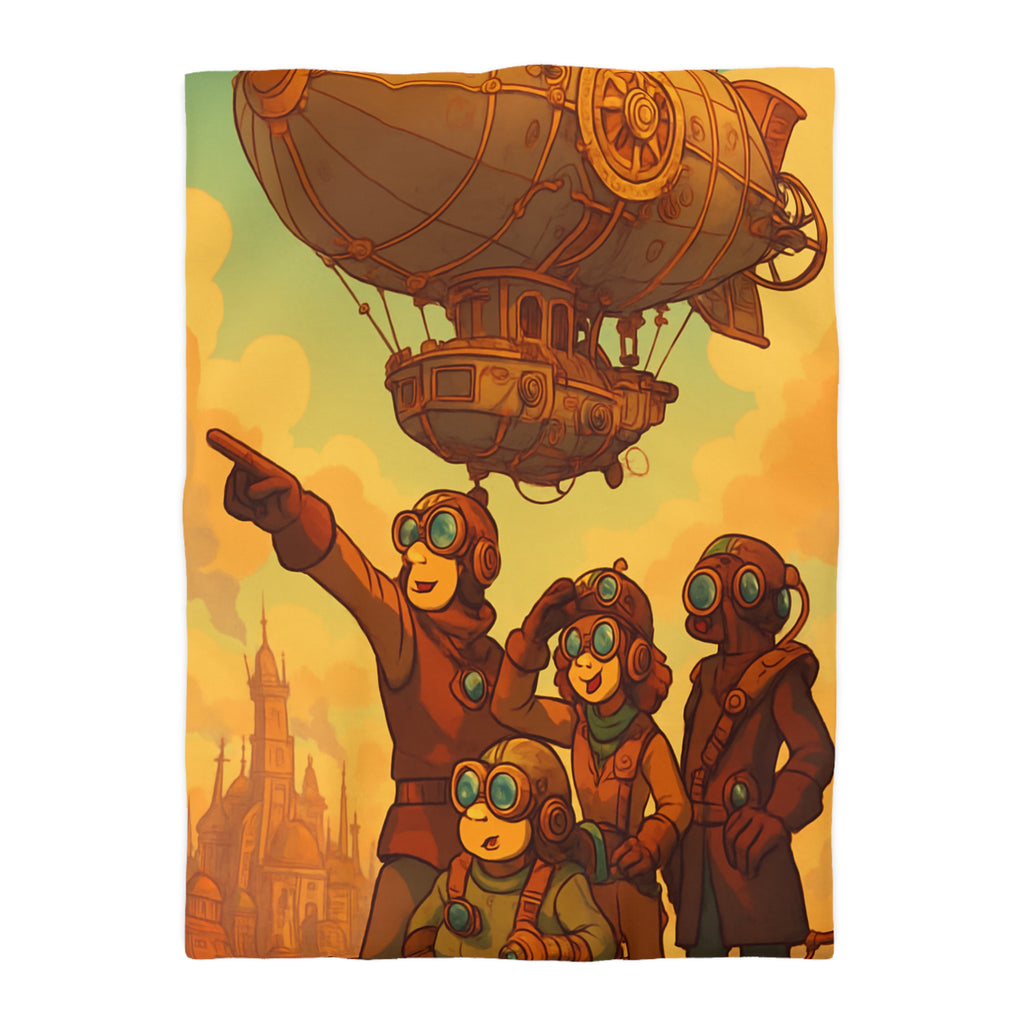 Housse de couette rétro-aventure steampunk avec dirigeable et explorateurs en plein ciel