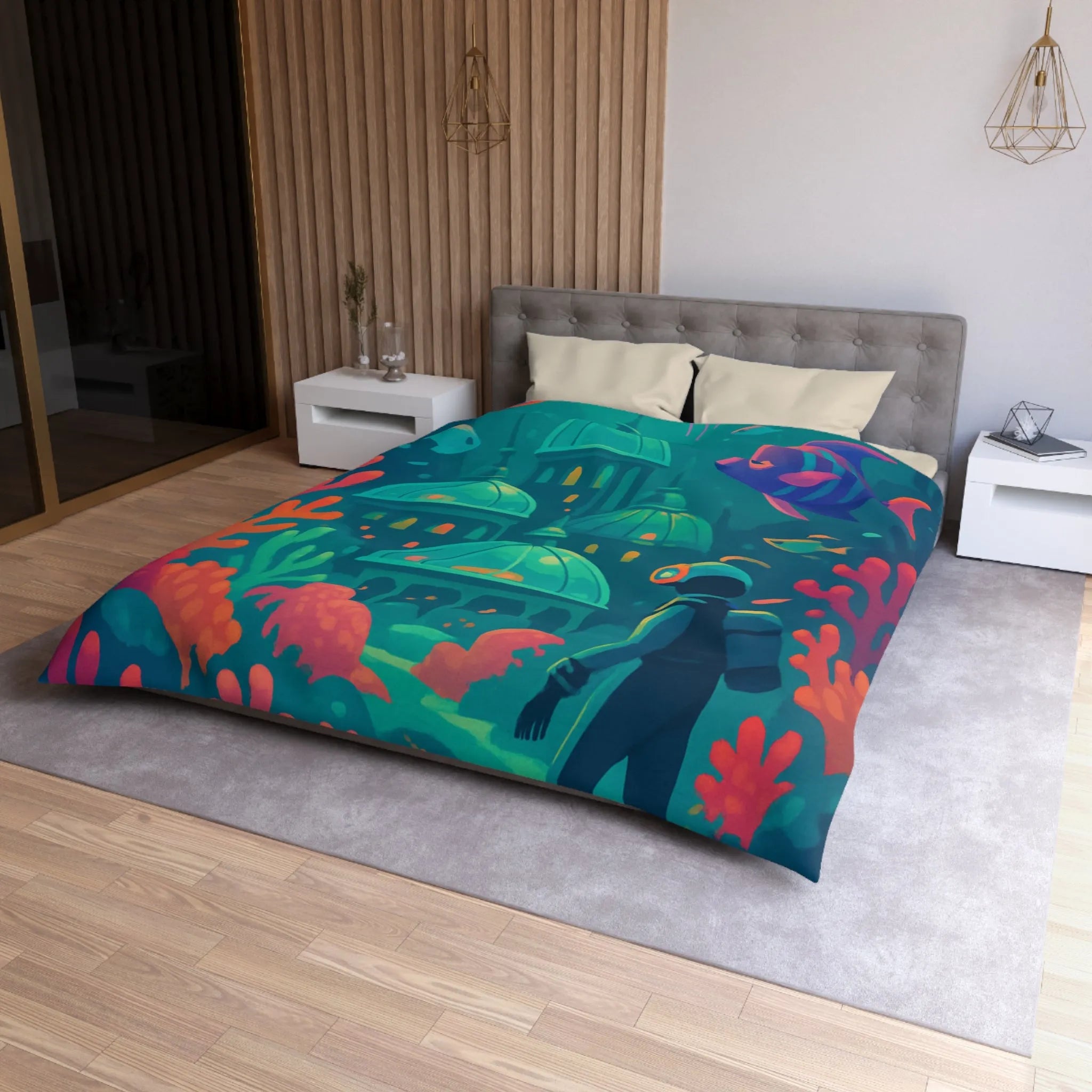 Housse de couette aux couleurs vibrantes inspirée d'une cité sous-marine avec poissons exotiques
