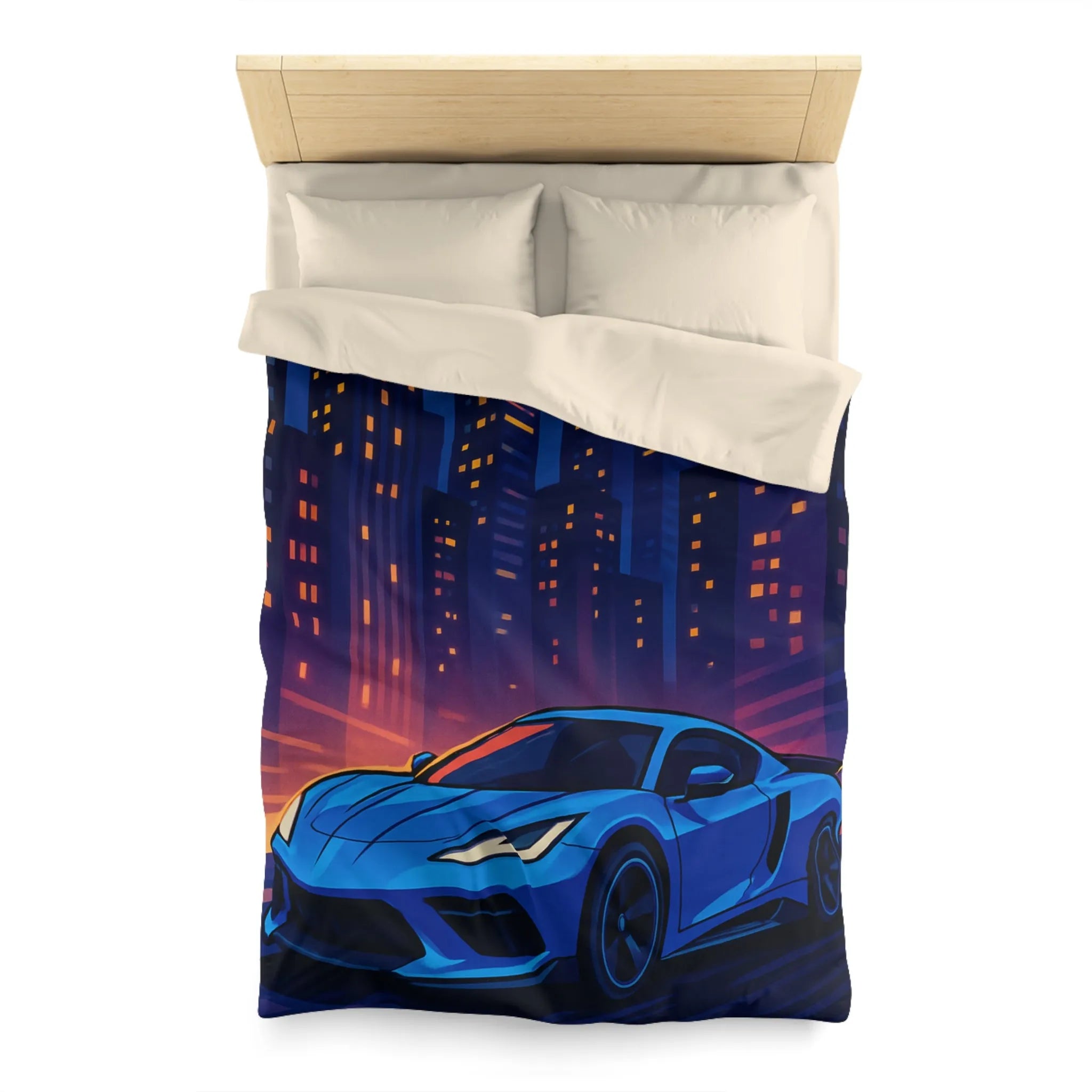 Housse de couette avec voiture bleue moderne et paysage urbain éclairé la nuit